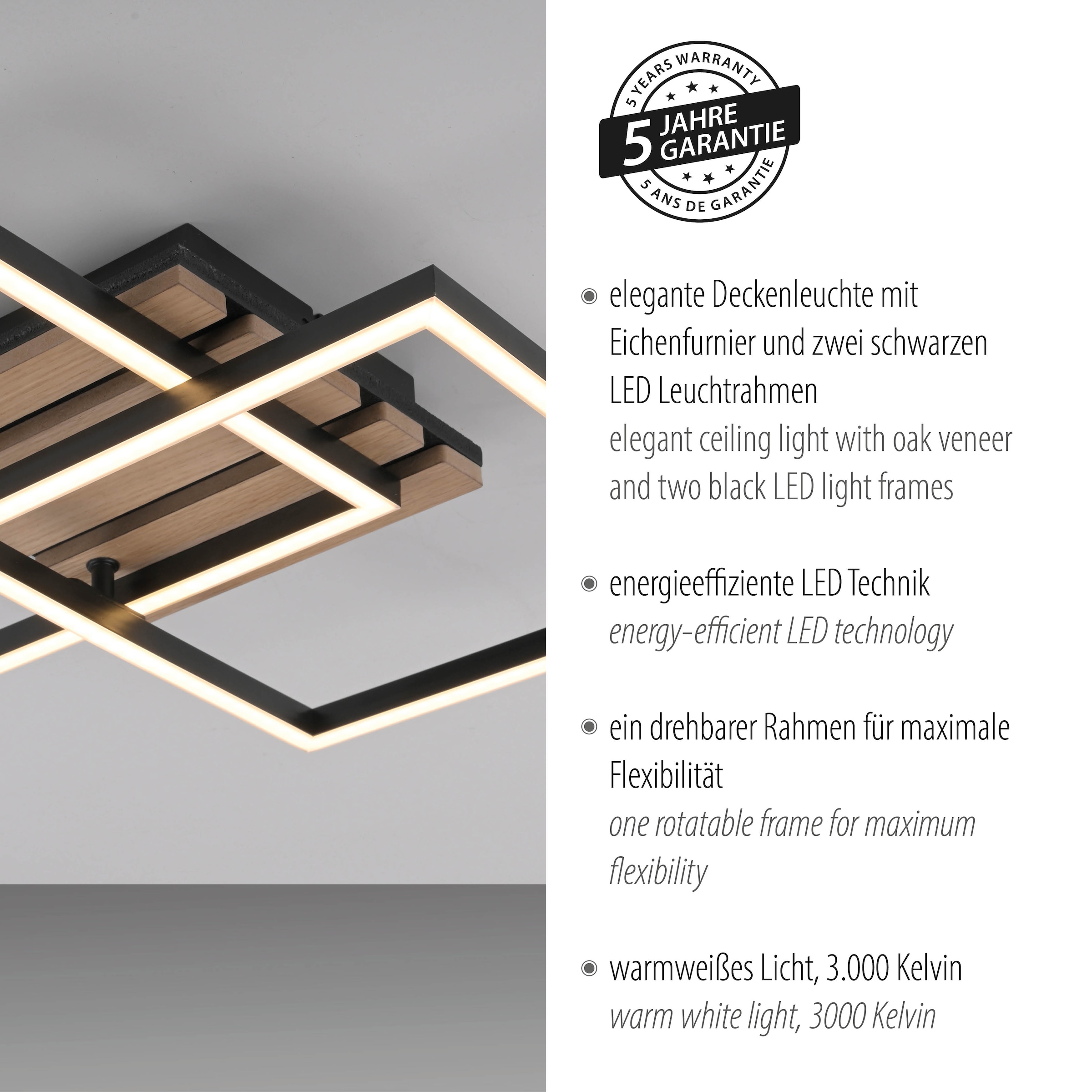 JUST LIGHT LED Deckenleuchte »AKUSTIKA« LED-Board 1 Stk. Warmweiß Eichenfurnier und schwarz, Rahmen drehbar