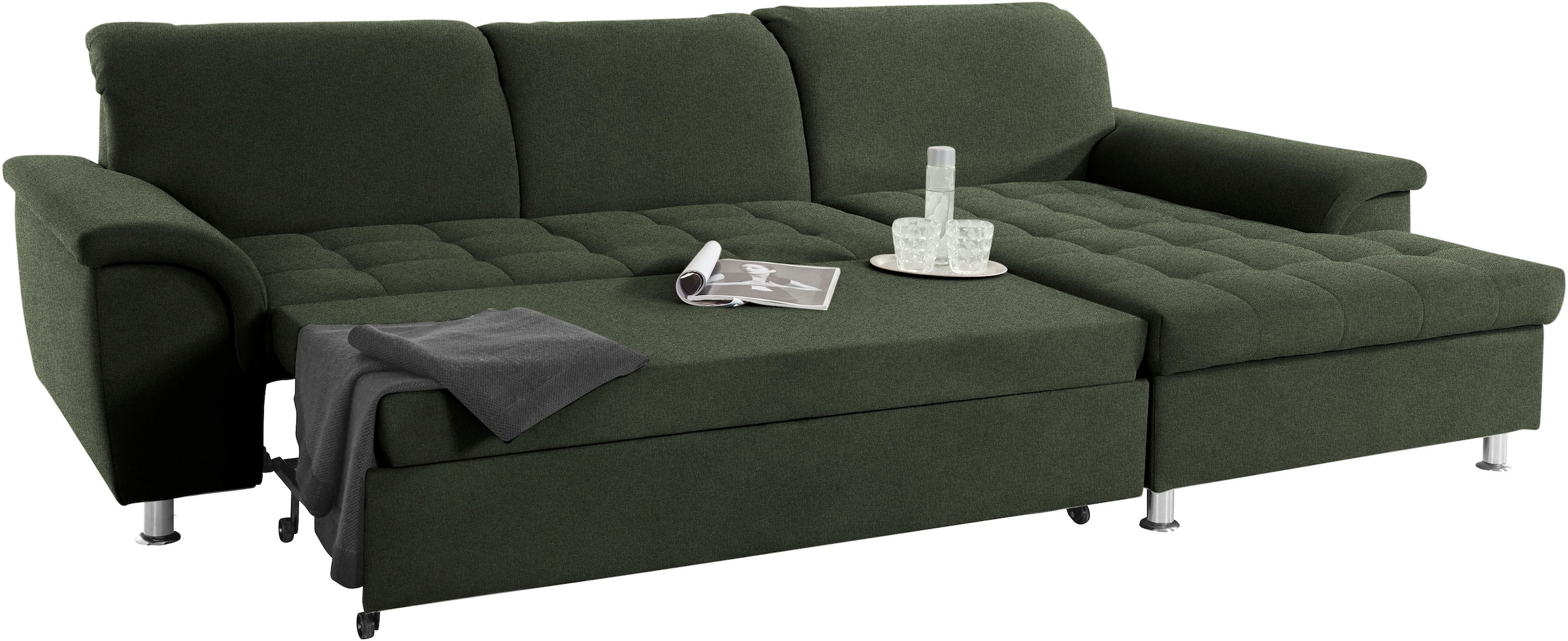 DOMO collection Ecksofa »Franzi, zeitlos und elegant, moderne Sitzheftung, L-Form«, wahlweise mit Kopfteilverstellung (dann Tiefe: 170 cm)