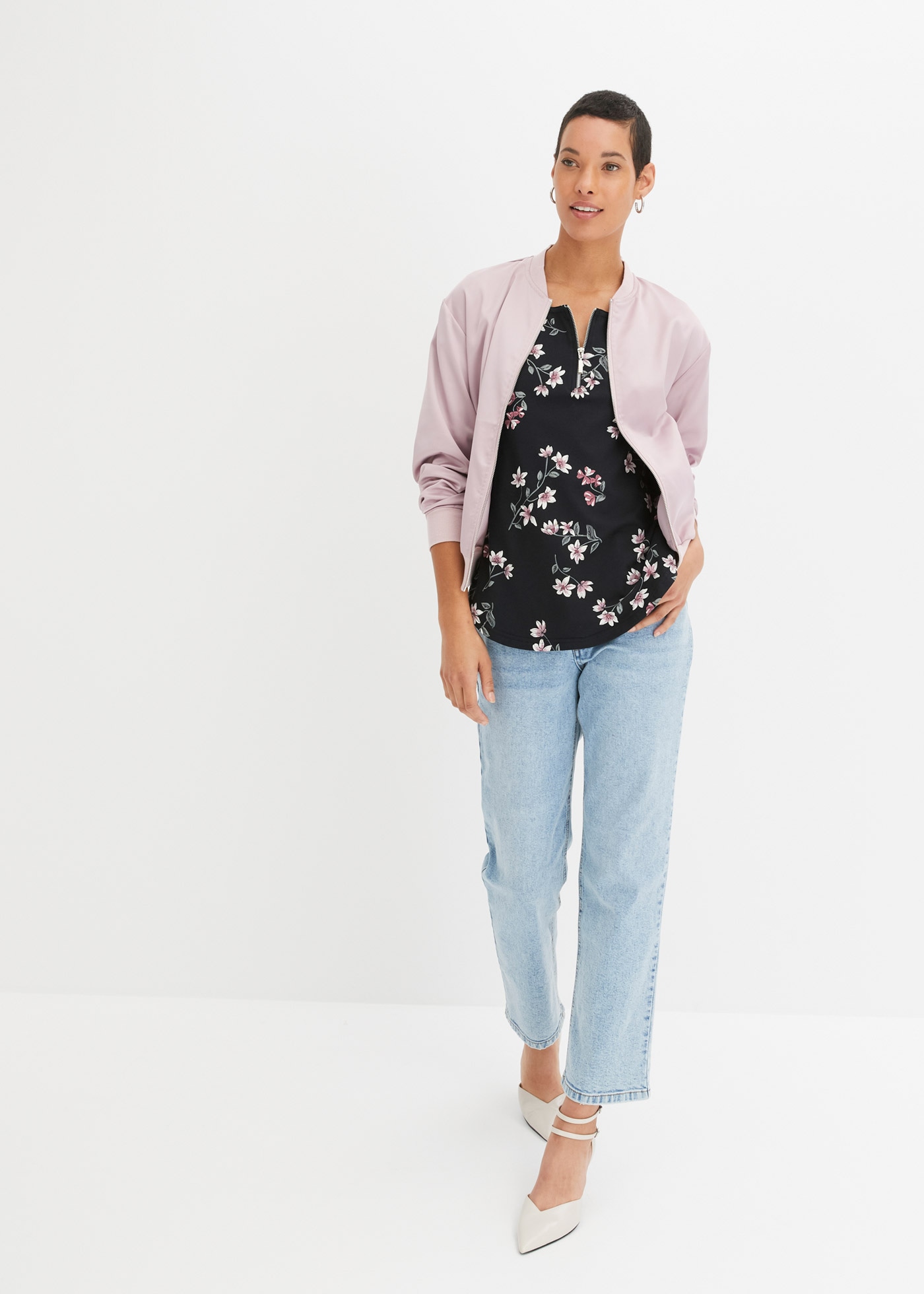 bonprix Blusenshirt Oversize Passform, Kurzarm-Design, mit kurzem Reißverschluss