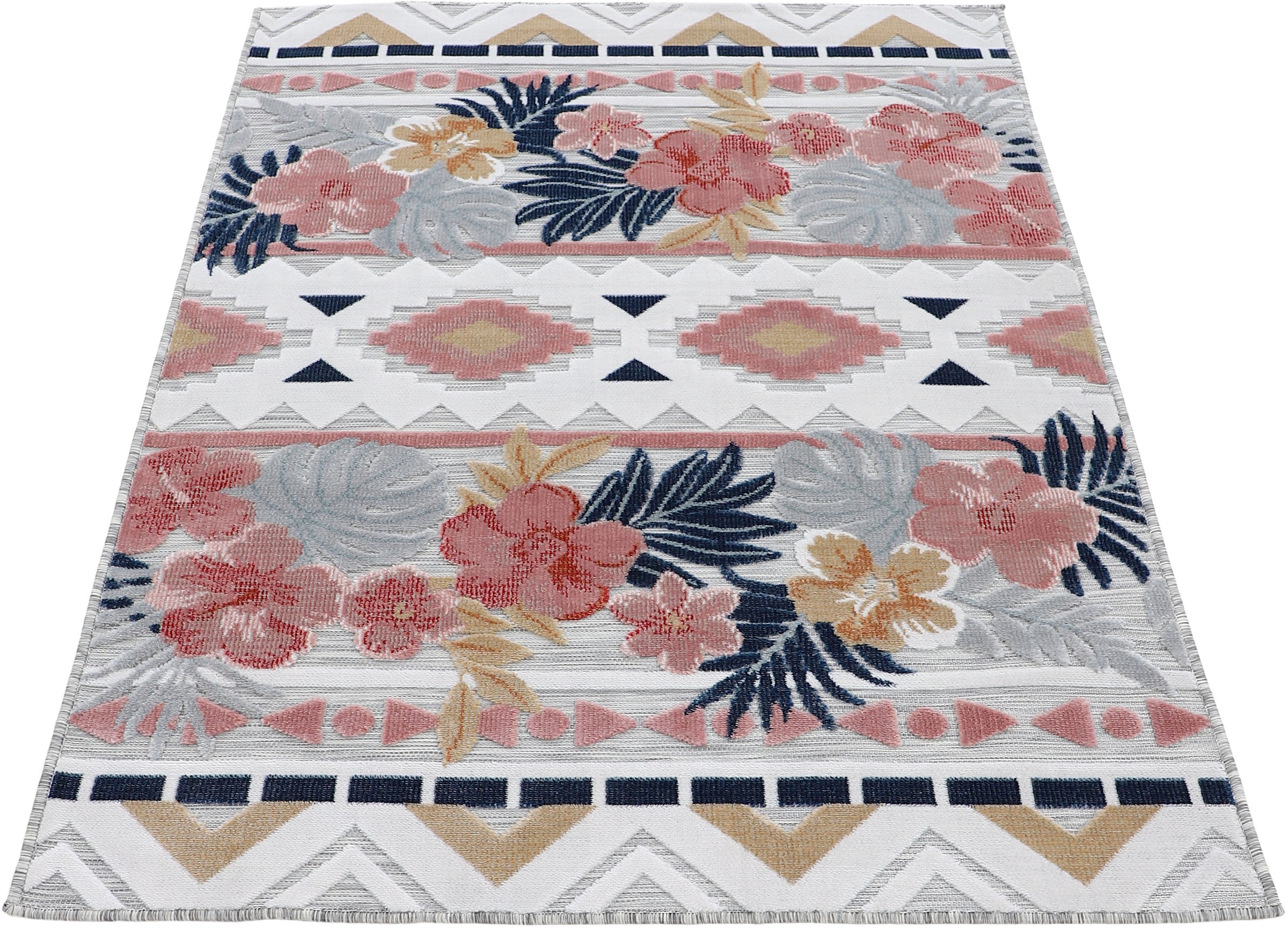 carpetfine Teppich »Deja 101«, rechteckig, 4 mm Höhe, robustes Flachgewebe, Motiv- Floral Palmenblätter, Hoch-Tief Effekt