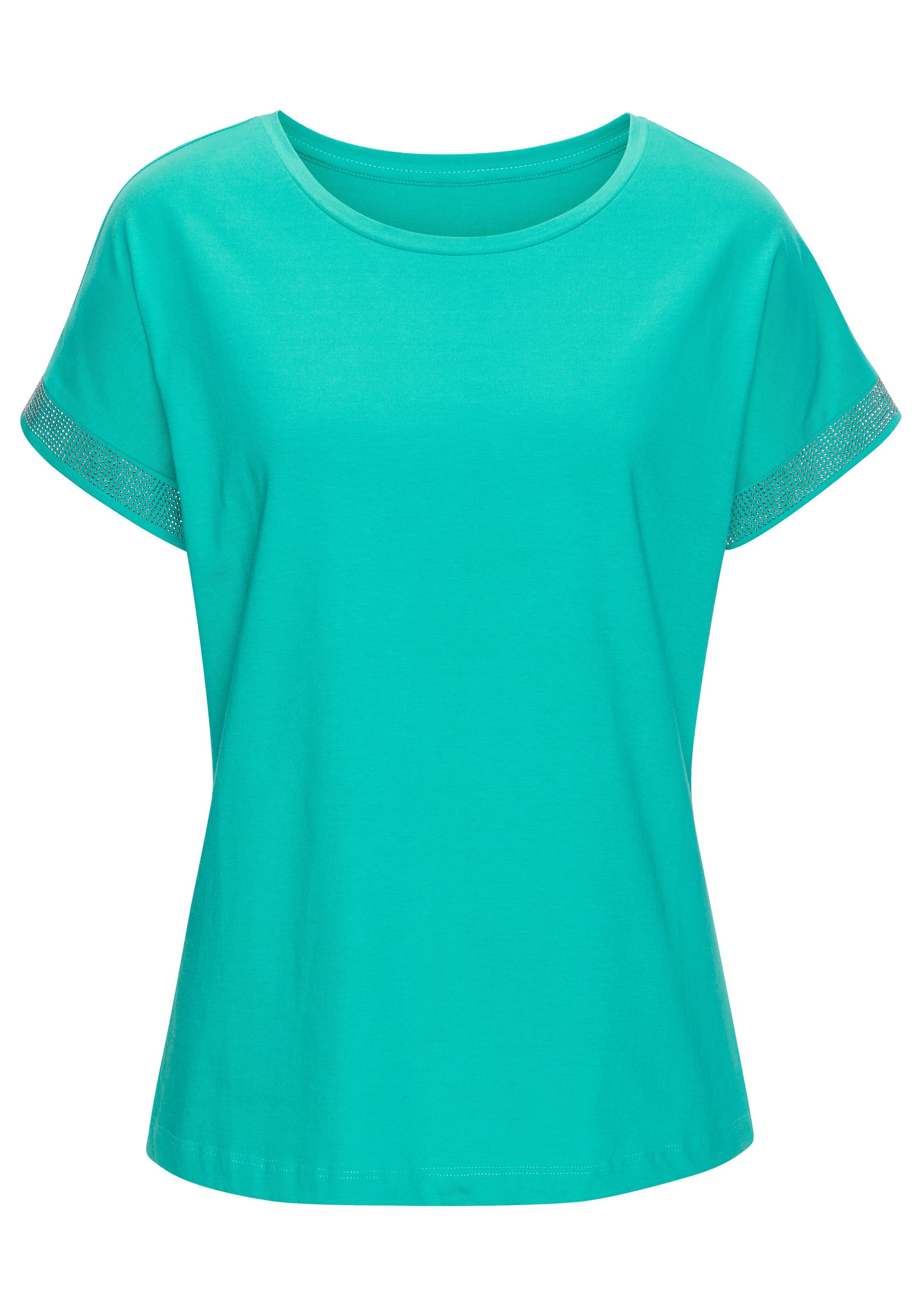 LASCANA Kurzarmshirt »mit glitzernem Strass-Design am Arm«, aus weicher Baumwoll-Qualität