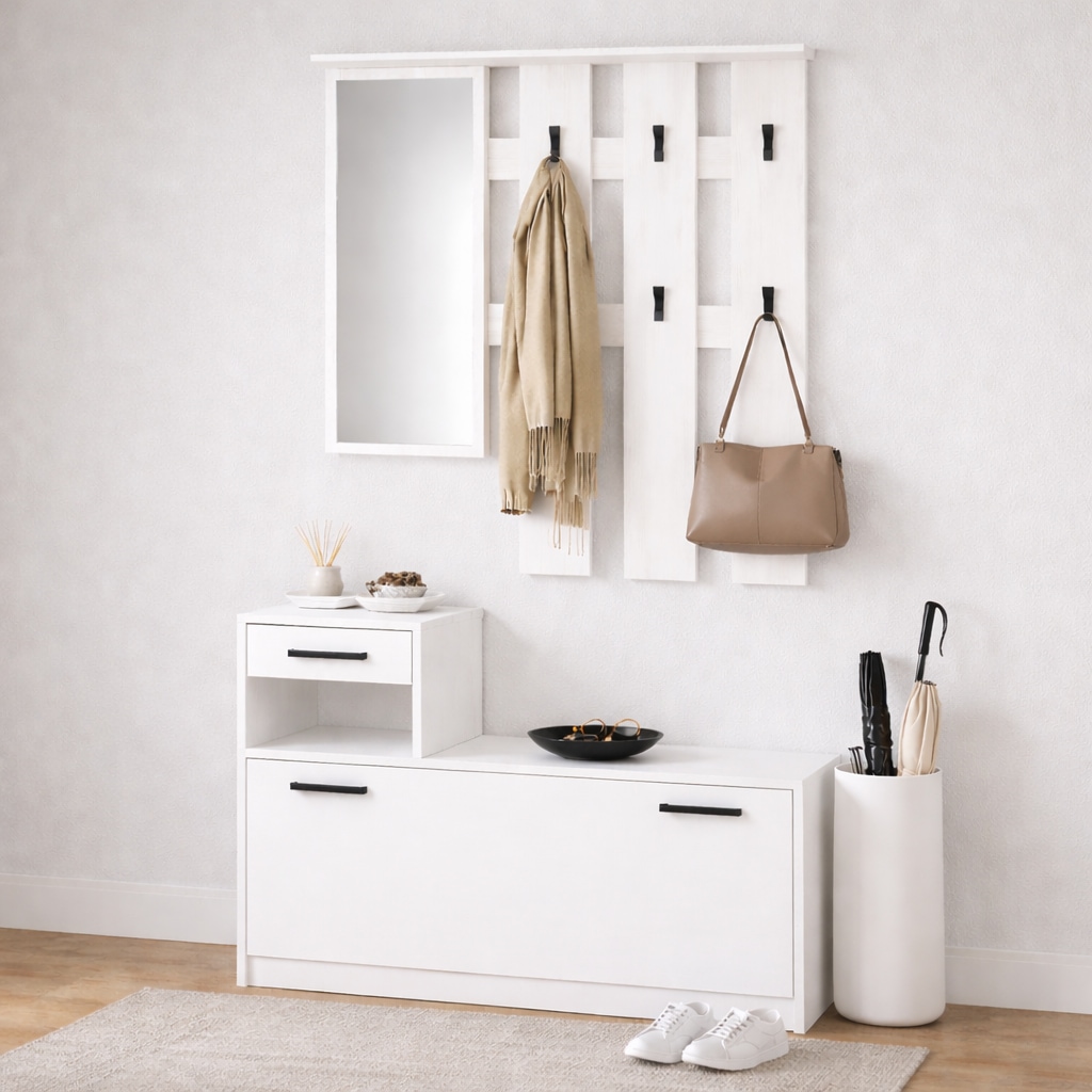 OTTO home Garderoben-Set »Luna Kommode mit 1 Klappe + 1 Schubkasten, Paneel mit Spiegel 6 Haken« 2 Stk. tlg.