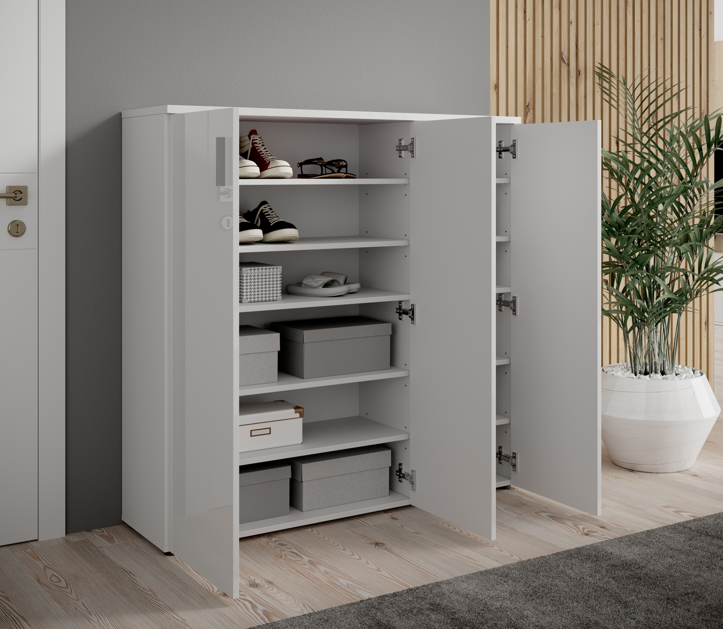 HBZ Schuhschrank »Lincoln weiß Glanz, BxHxT 120x120x35 cm«, (1 St.), Schuhschrank mit 3 Türen, 8 Einlegeböden verstellbar, 2 feste Böden