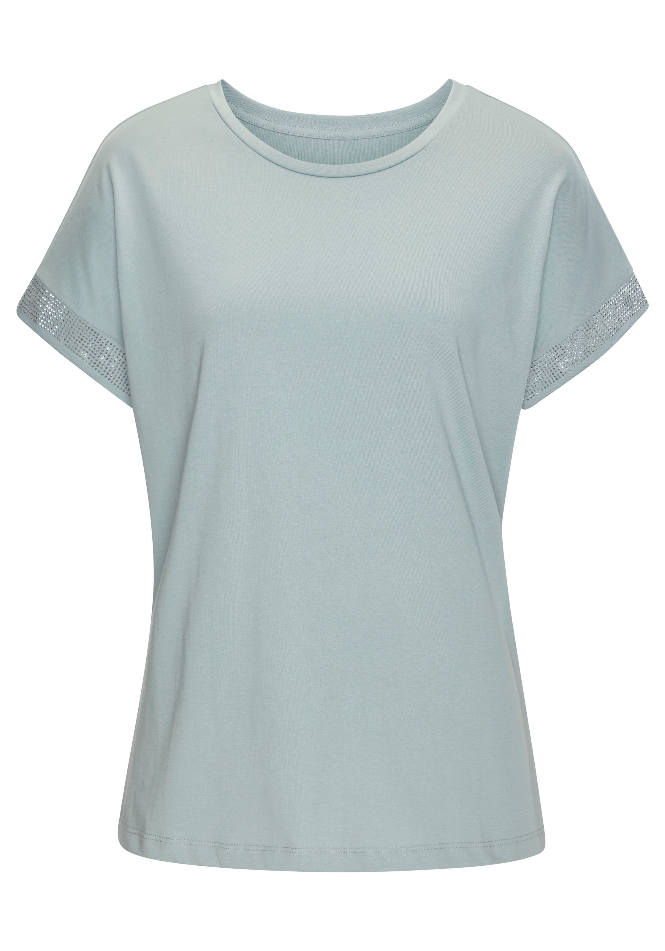 LASCANA Kurzarmshirt »mit glitzernem Strass-Design am Arm«, aus weicher Baumwoll-Qualität