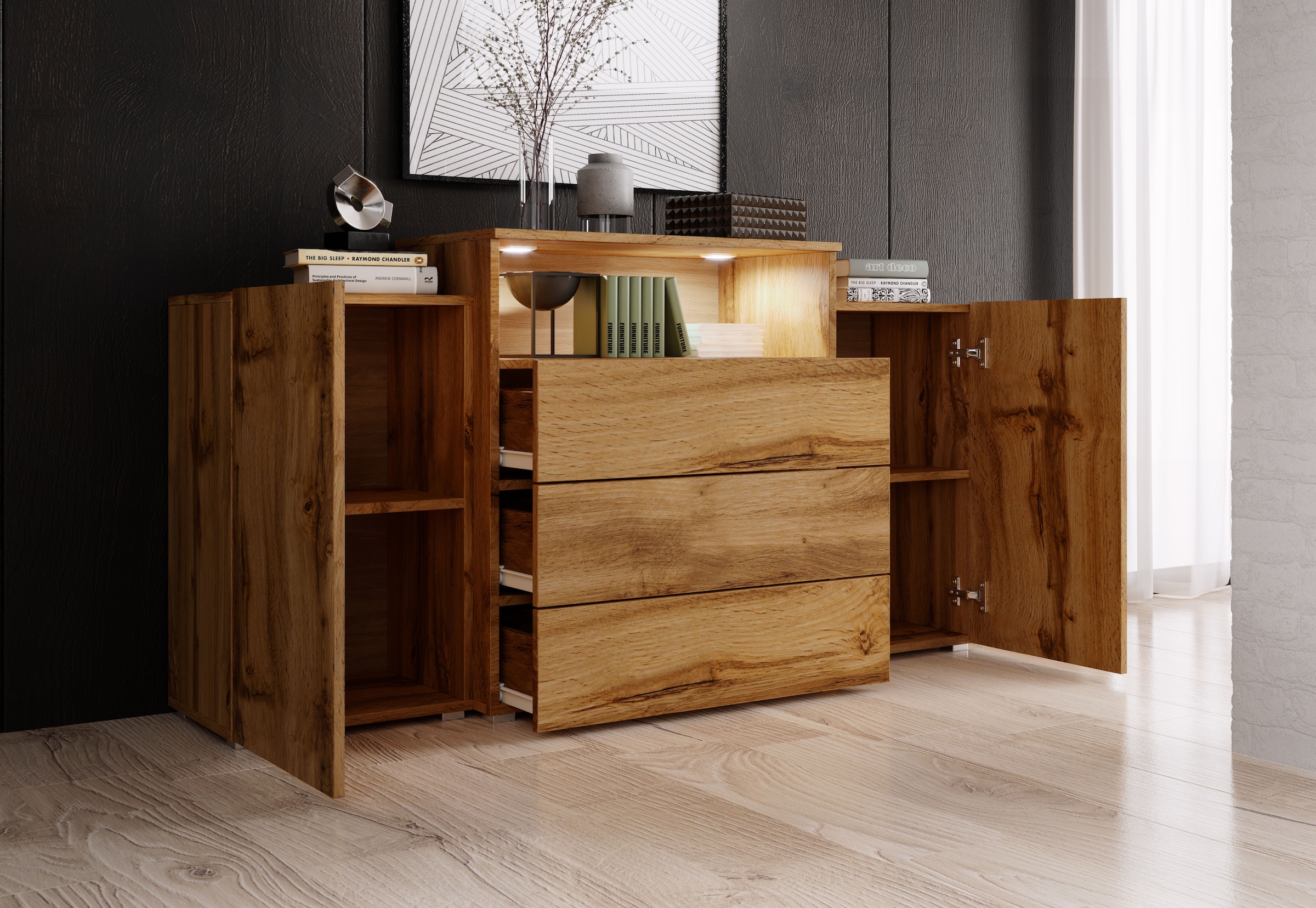INOSIGN Sideboard »URBAN III«, Moderne Kommode mit 3 Schubladen und 4 Fächern, Breite 150 cm