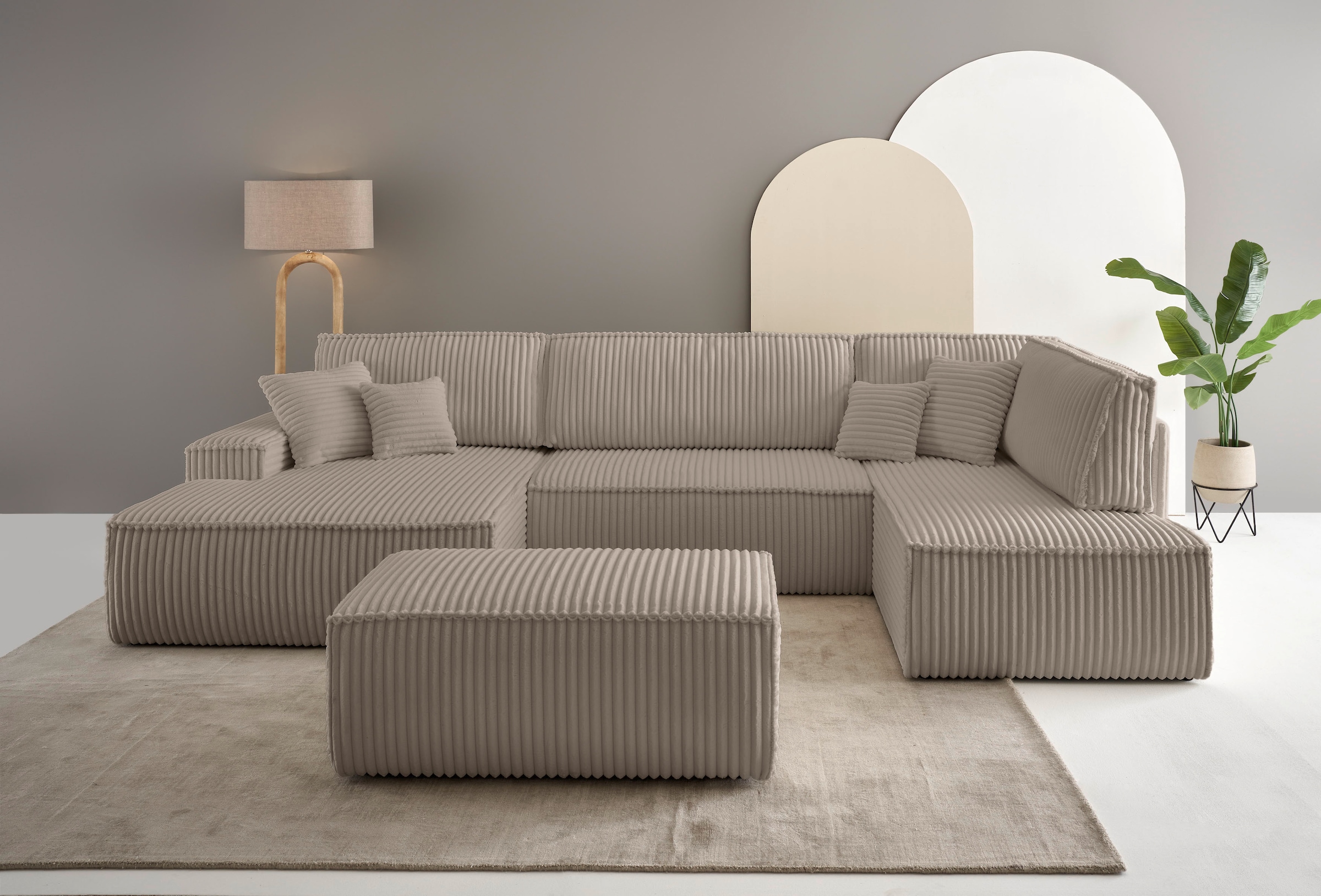 andas Wohnlandschaft »FINNLEY U-Form XXL 329 cm, Schlafsofa, Schlaffunktion m. Bettkasten«, (194/139 cm), Bouclé, Struktur und Cord