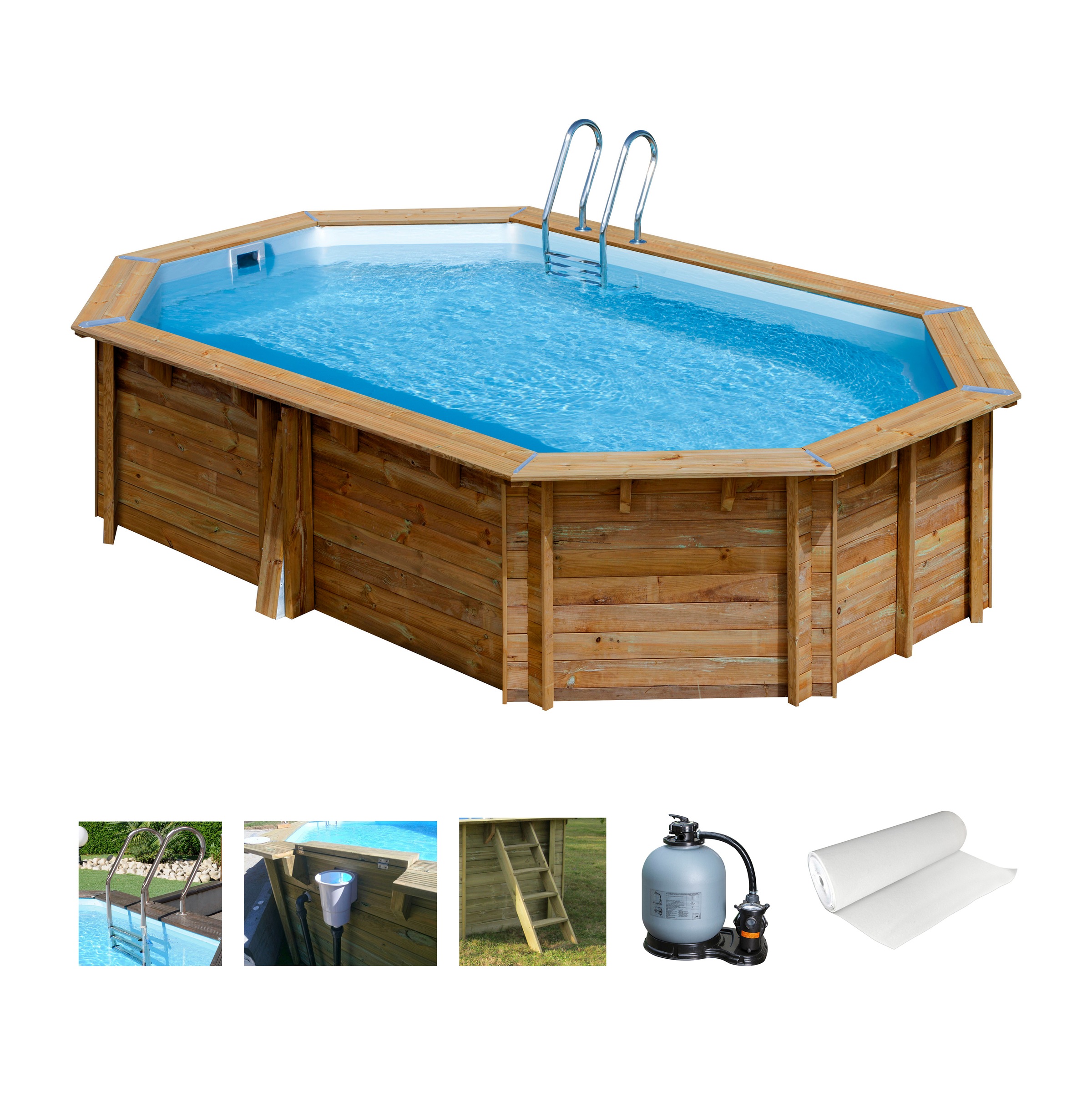 Gre Achteckpool »SAFRAN 2 mit Edelstahlleiter« Kiefernholz, BxLxH: 395x620x136 cm