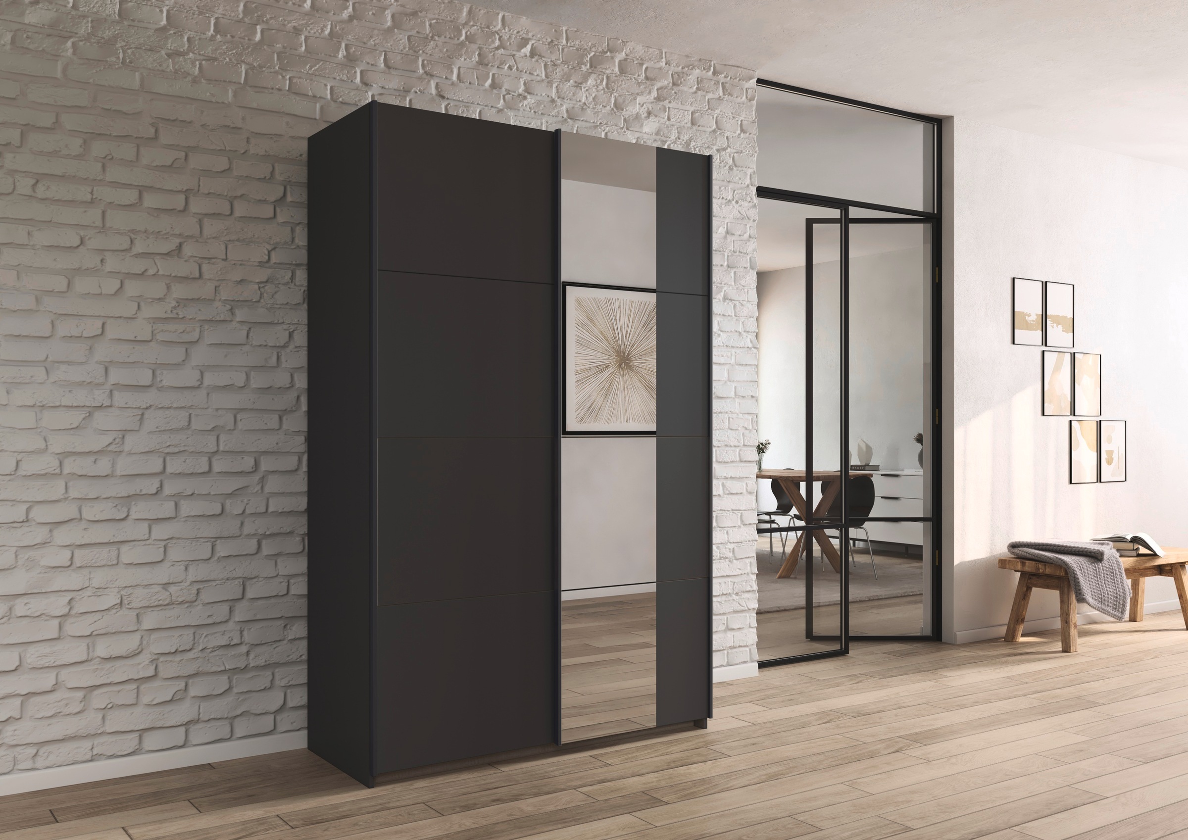 rauch Schwebetürenschrank »Kleiderschrank Schrank Garderobe Schlafzimmerschrank OXFORD«, (in 3 verschiedenen Ausstattungen BASIC/CLASSIC/PREMIUM), mit Griffleisten aus Metall, auch für kleinere Räume MADE IN GERMANY