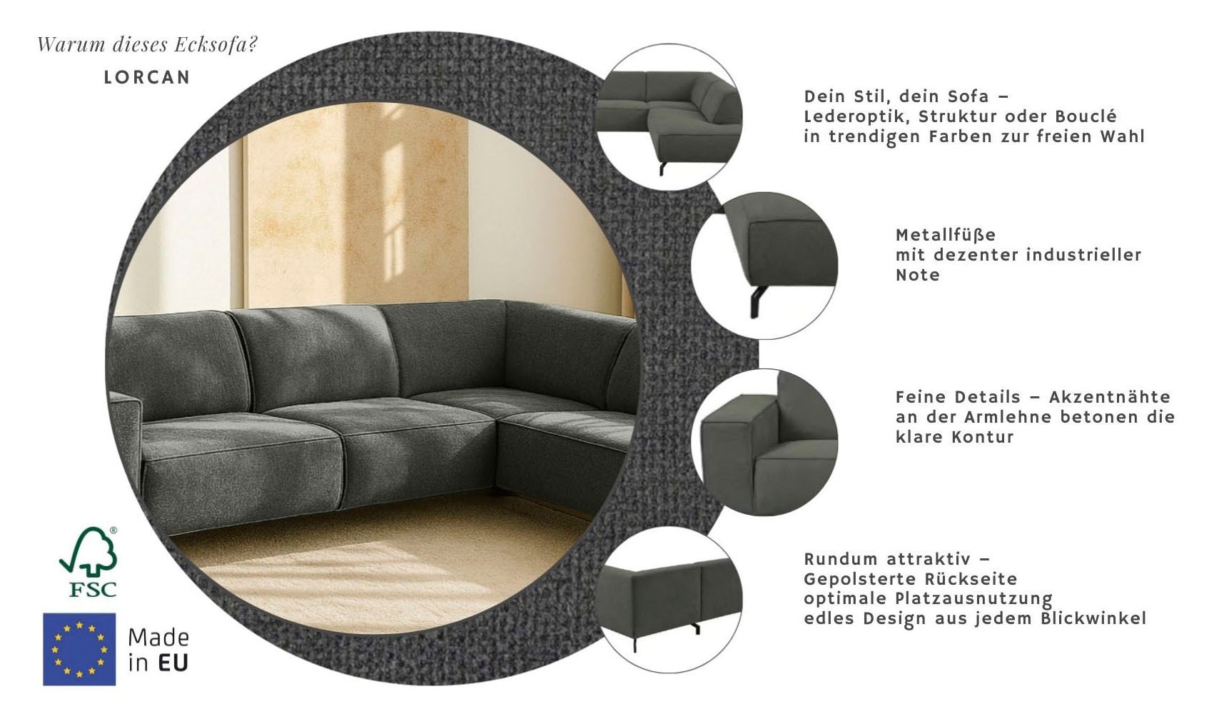 Home affaire Ecksofa »LORCAN mit Metallfüßen, Breite 275 cm, weiches Sitzgefühl« Metallfüße, Lederoptik, Struktur, Bouclé