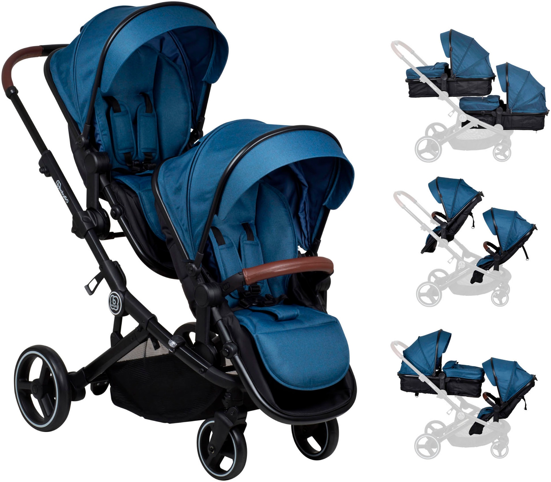 BabyGo Zwillings-Kombikinderwagen »Twinner Set, Blau melange«, 30 kg, inkl. 2 Regenhauben, Wickeltasche