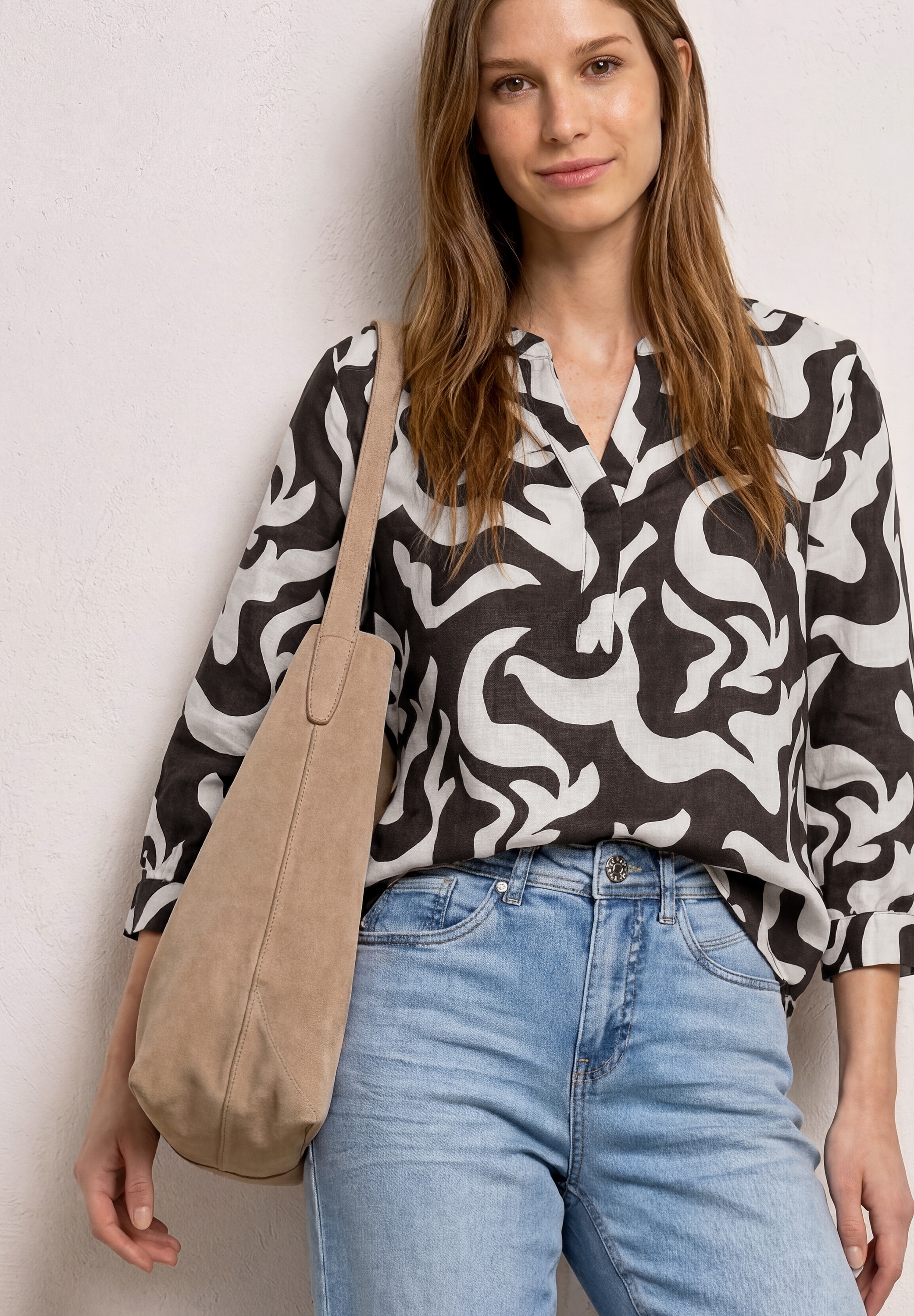 STREET ONE Druckbluse Sommerbluse mit Split Neck aus Leinenmix