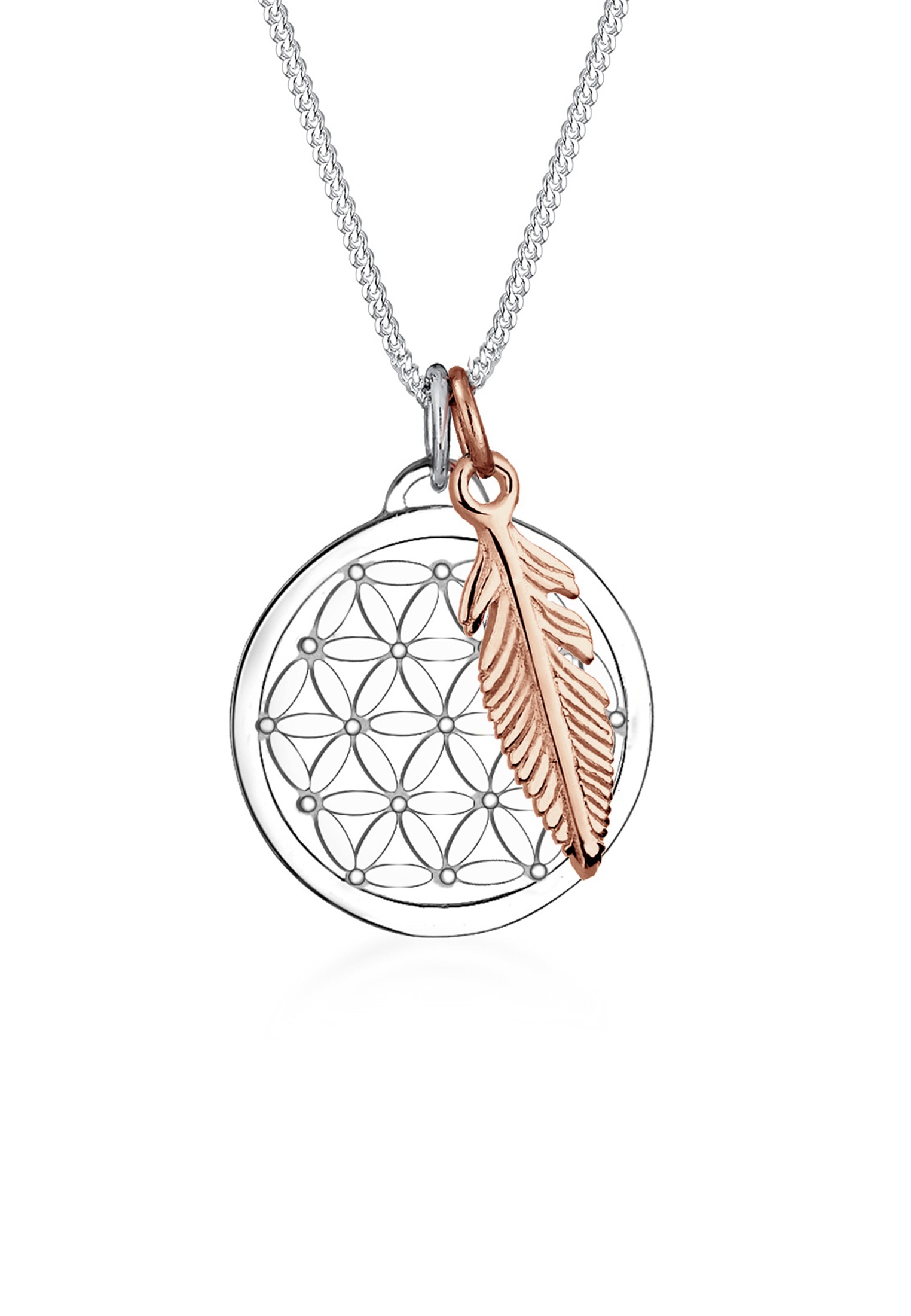 Kette mit Anhänger „Anhänger Lebensblume und Feder bicolor“ Rosegold 45