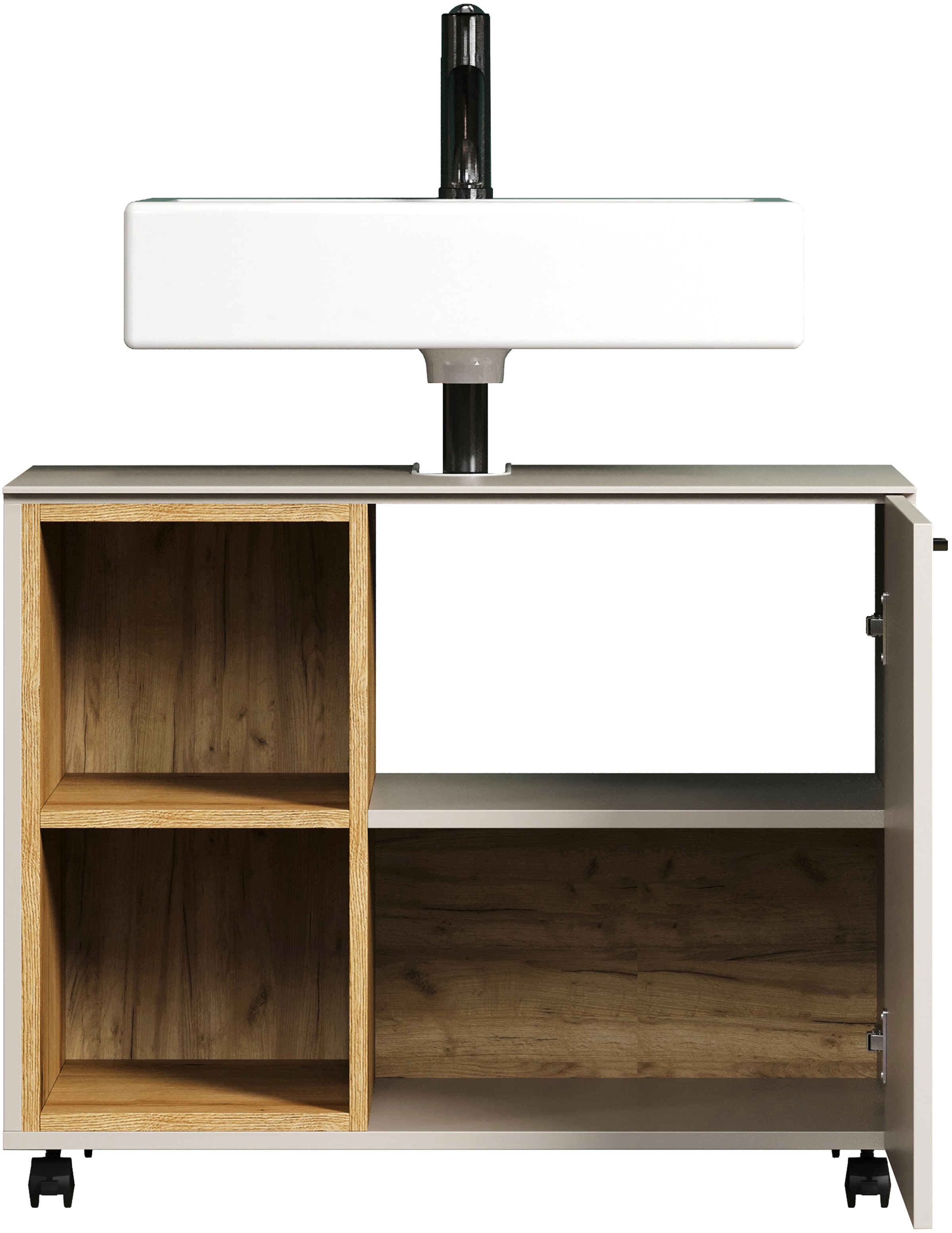 welltime Waschbeckenunterschrank »San Pedro«, (1 St.), Waschtischunterschrank auf Rollen mit Siphonausschnitt - 80/32/64 cm
