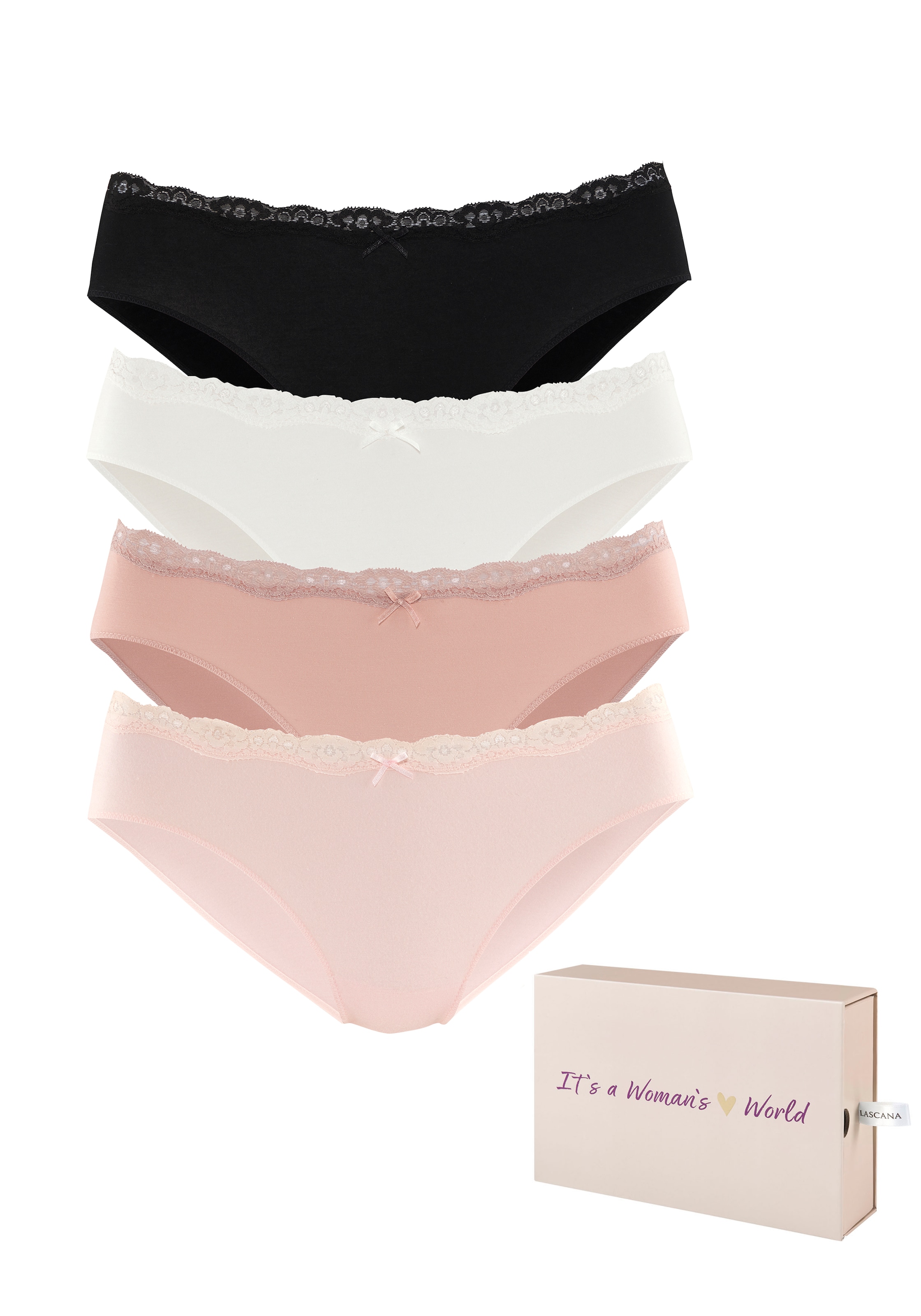 LASCANA Bikinislip, (Packung, 4 St.), aus elastischer Baumwolle, in schöner Box