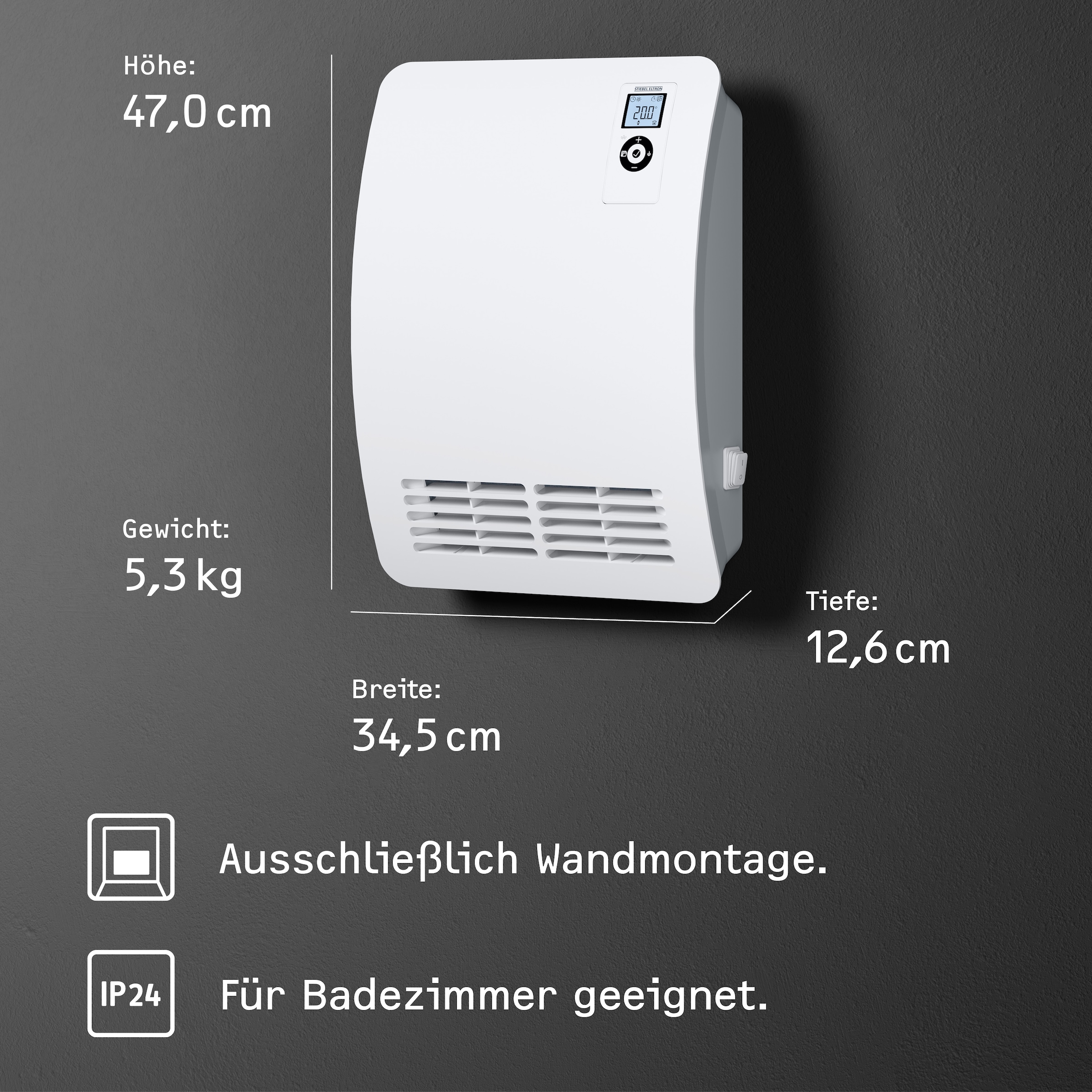 STIEBEL ELTRON Badschnellheizer »CK 20 Premium, Heizlüfter energiesparend, 2 kW«, VDE geprüft, LC-Display, Wochentimer, 120 Min. Timer, Silent Mode