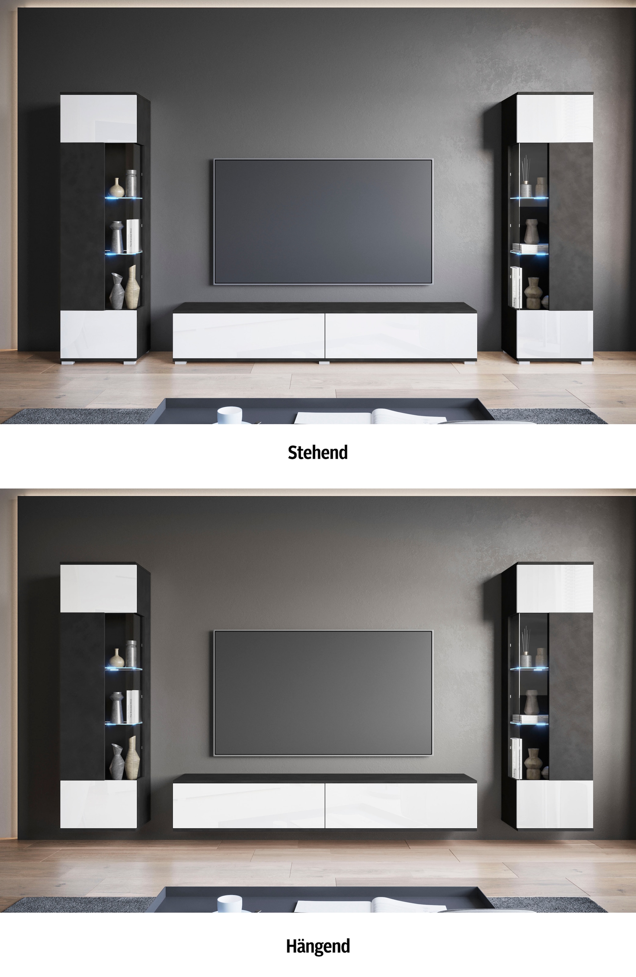 INOSIGN Wohnwand »Kenia, Vitrine Türanschlag links/rechts wechselbar«, (3 St.), Vitrinen mit Eckverglasung, hängend und stehend montierbar