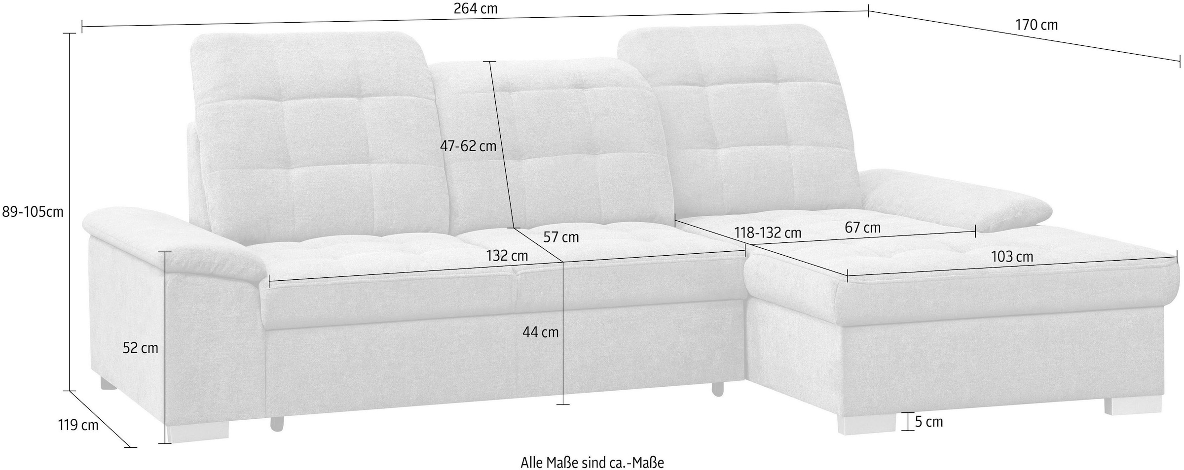 WERK2 Ecksofa »Carmen 264 cm breit L-Form Sofa Schlaffunktion Kopfstützen verstellbar« Schlafcouch mit Bettkasten, Eckcouch wahlw. mit Sitztiefenverstellung