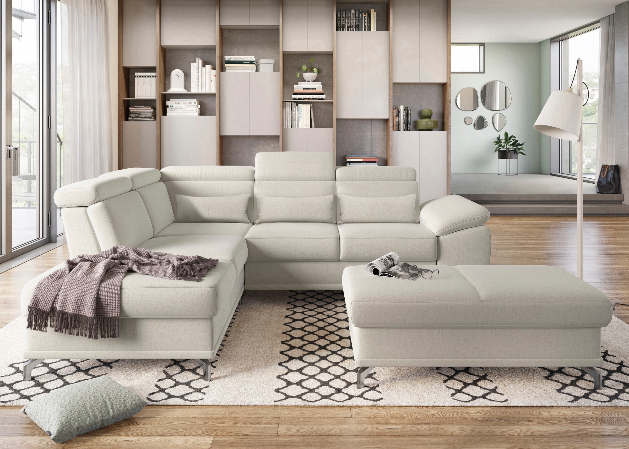 sit&more Ecksofa »Cabrio L-Form, mit Sitztiefenverstellung, Arm- und Kopfteilverstellung«, 3 Nierenkissen, Federkern, optional Bettfunktion und Stauraum