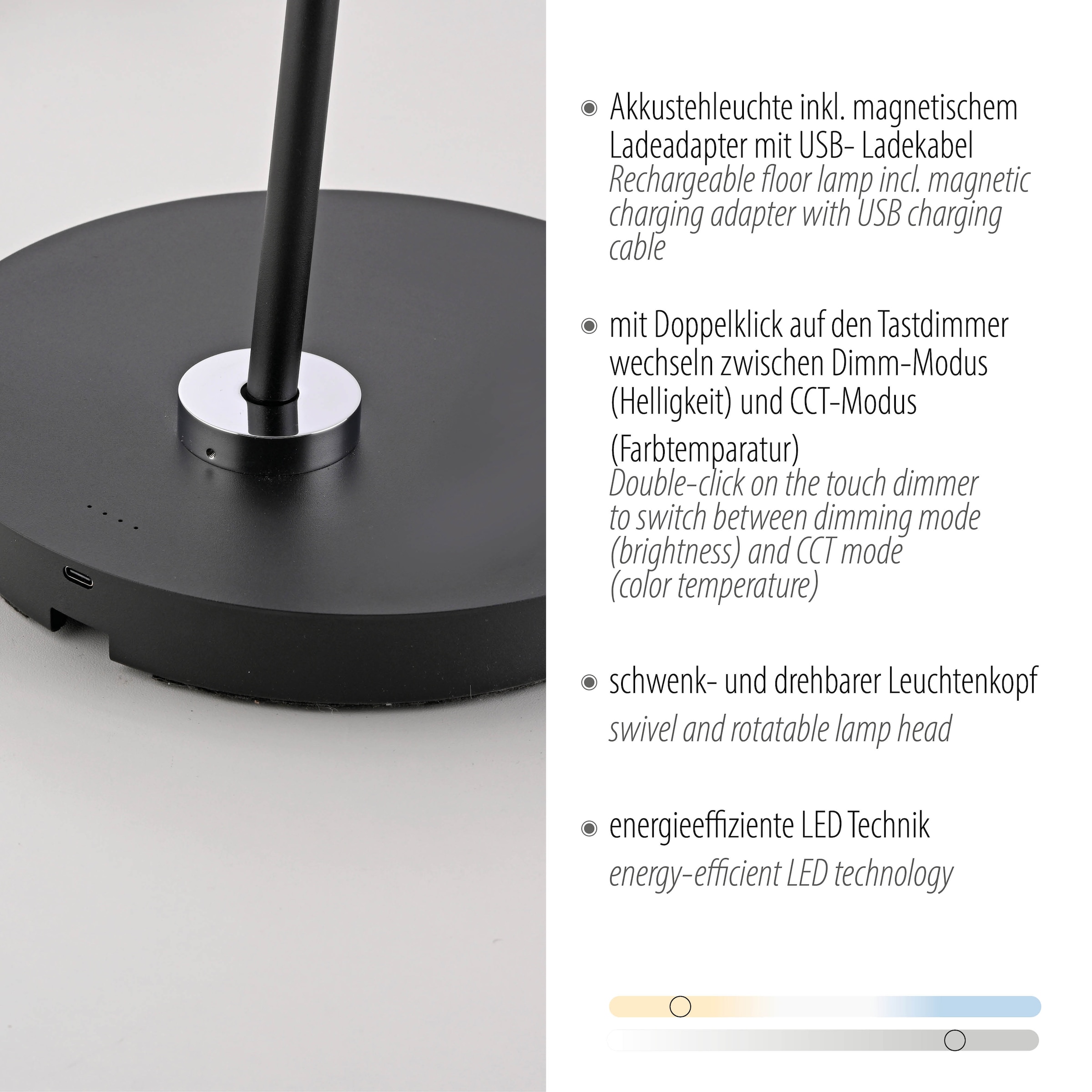 Paul Neuhaus LED Stehlampe »AKKU BENTE« LED-Board 1 Stk. warmweiß - kaltweiß Tastdimmer, CCT 2700-5000K, Memory, Akku betrieben, flexibel