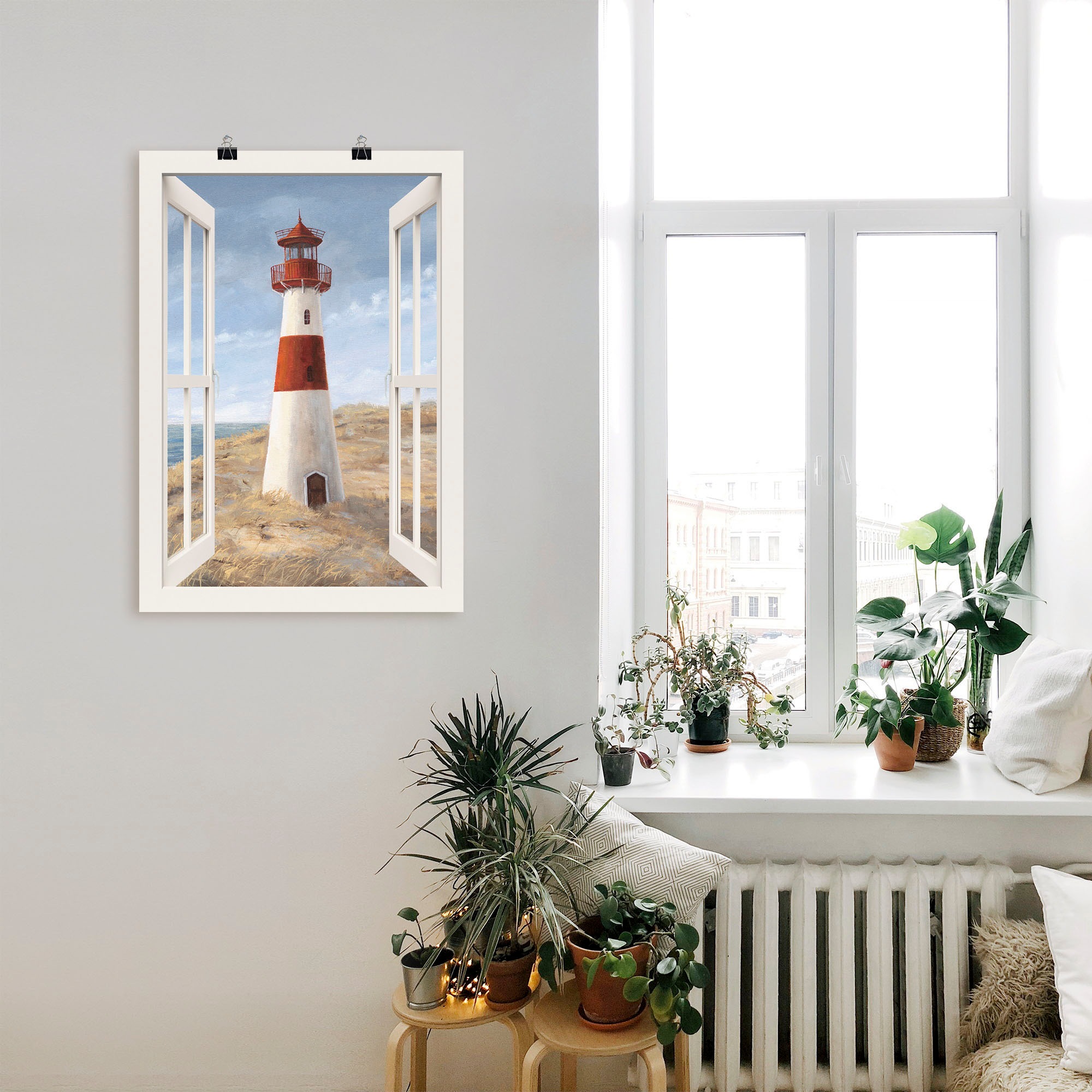 Artland Wandbild »Leuchtturm I Fensterblick«, Gebäude, (1 St.), als Alubild, Outdoorbild, Leinwandbild, Poster in verschied. Größen