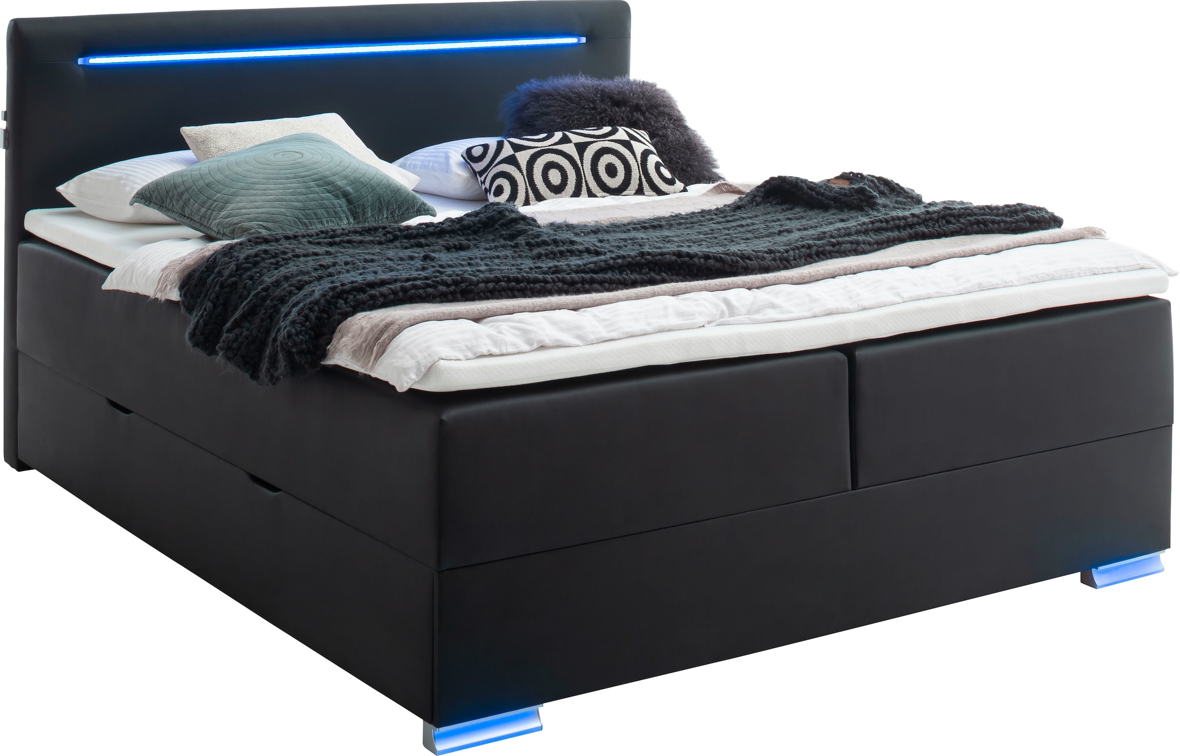 meise.möbel Boxspringbett »Las Vegas«, Füße und Kopfteil mit LED-Beleuchtung, mit Bettkasten und Topper