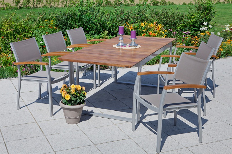 MERXX Garten-Essgruppe »Naxos« 6x Stapelsessel, 1x Ausziehtisch 150(200)x90 günstig online kaufen
