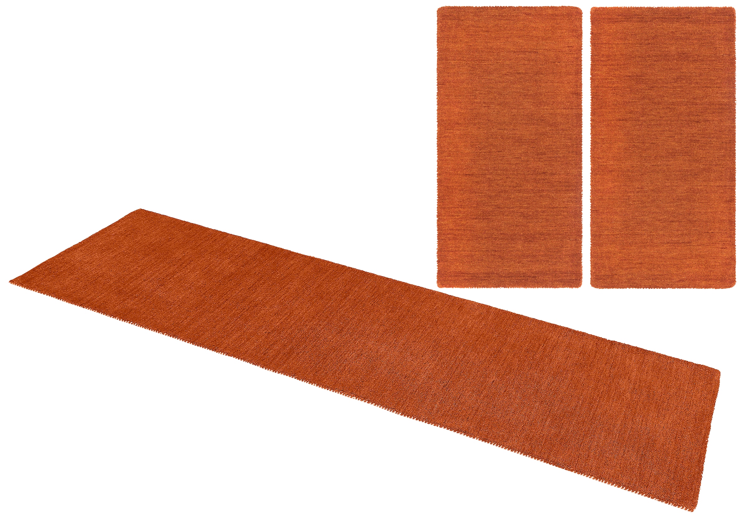 THEKO Bettumrandung »Gabbeh Uni, Handweb Teppich, meliert, reine Wolle« Höhe 14 mm 3 Stk. tlg. Bettvorleger, Uni-Farben, handgewebt, Läufer-Set, Schlafzimmer