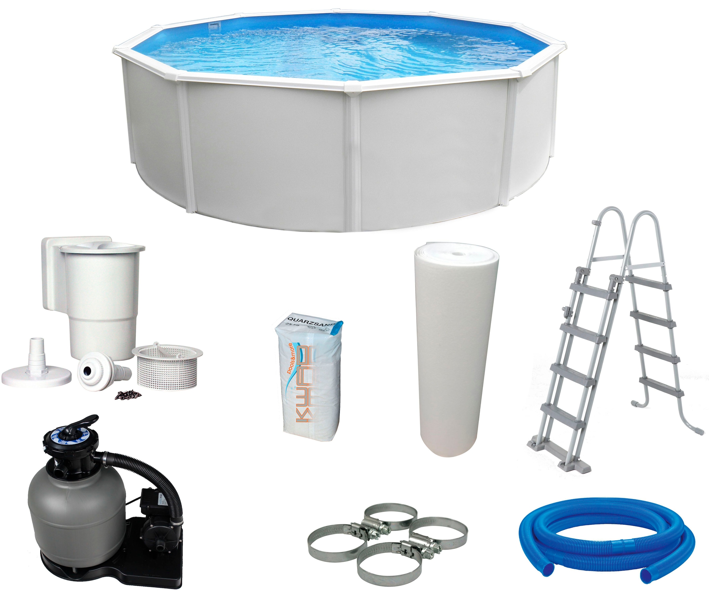 KWAD Rundpool »Steely Deluxe Heat inkl. Solarabdeckplane«, (Set, 7 tlg.), Höhe: 120 cm, mit Sandfilteranlage, Quarzsand und weiterem Zubehör