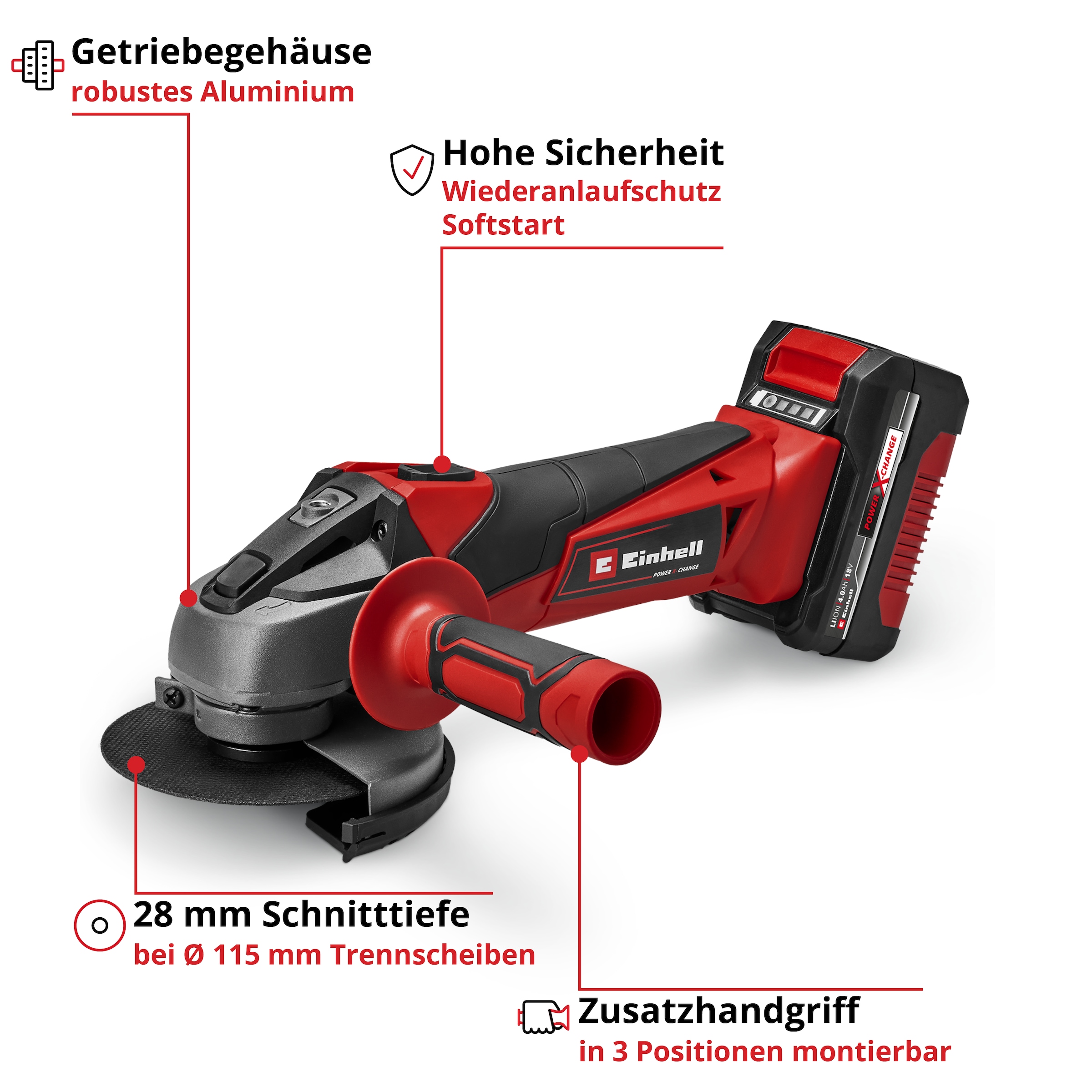 Einhell Akku-Winkelschleifer »TC-AG 18/115 Li (1x4,0Ah)« Set,  inkl. Akku und Ladegerät