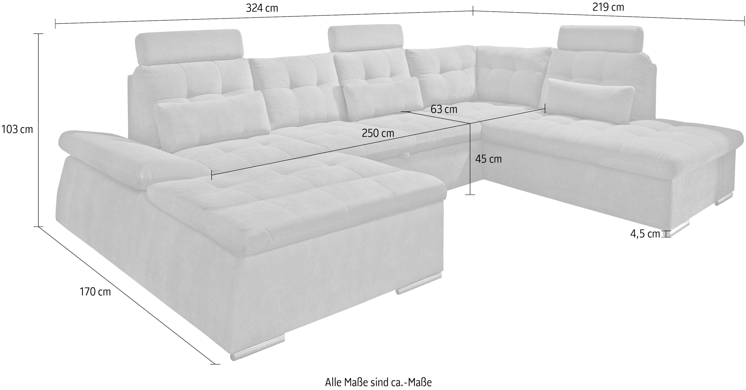 ED EXCITING DESIGN Wohnlandschaft »Nalo U-Form mit Bettfunktion, Bettkasten«, Armteilverstellung, Kopfstützen & 3 Nierenkissen