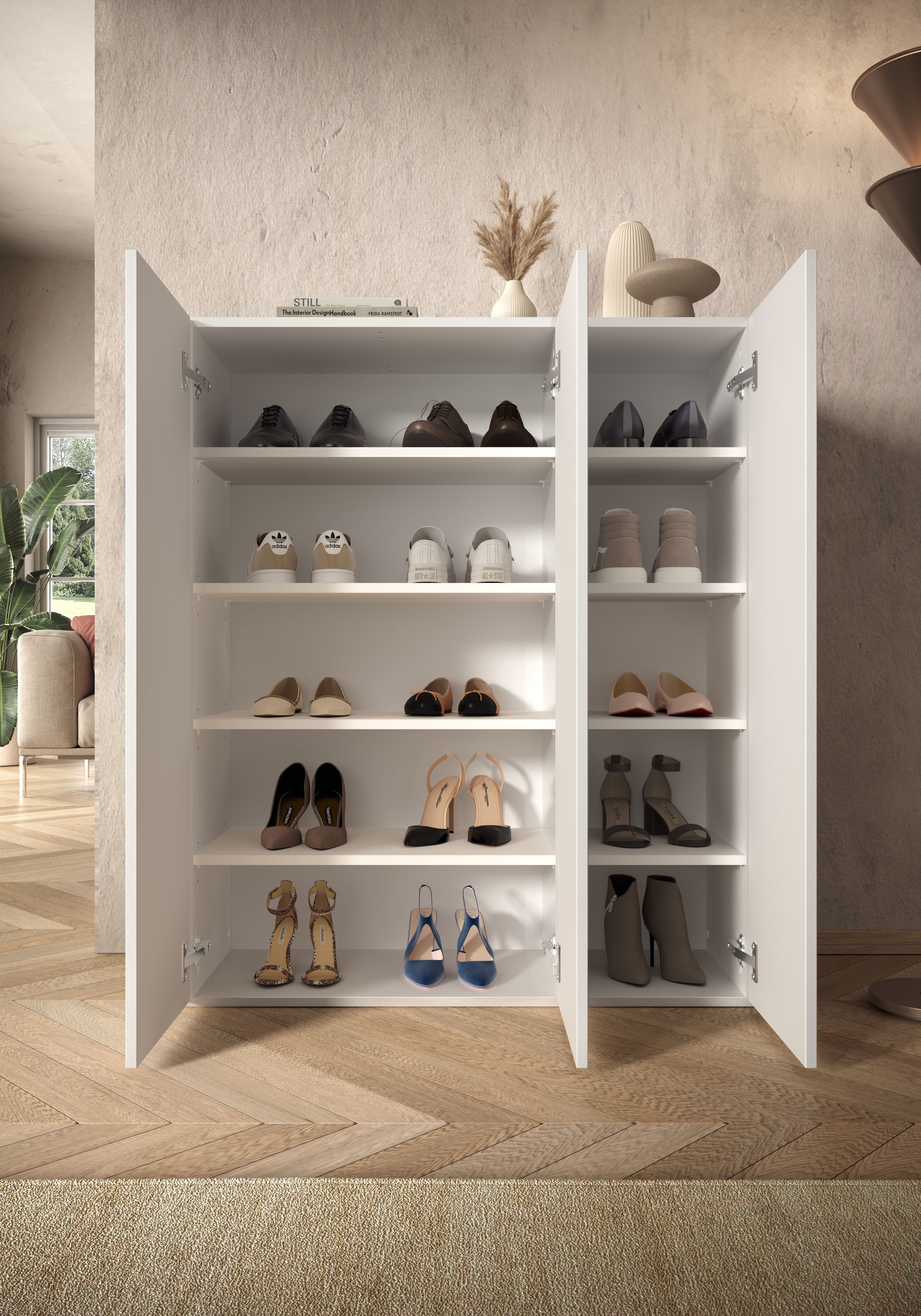 INOSIGN Schuhschrank »SMILE Breite 95 cm, Höhe 114 cm, Schuhregal mit 5 Ebenen,«, Schuhkommode in Weiss Hochglanz Lack