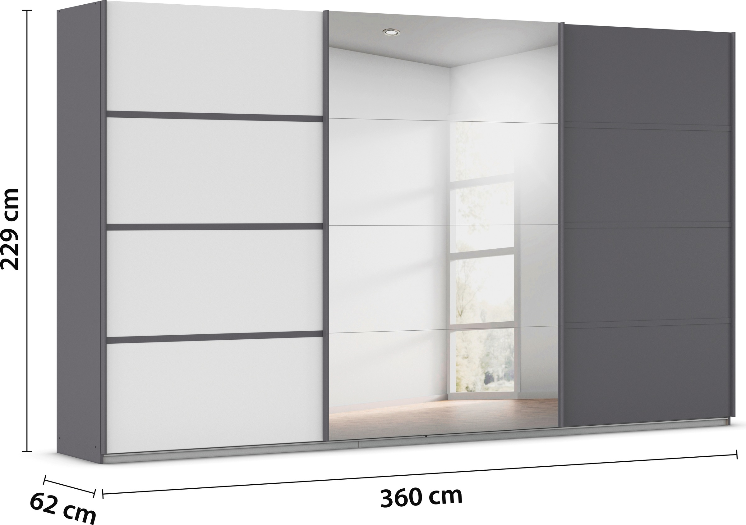 rauch Kleiderschrank »Schwebetürenschrank OTTO´s Choice Garderobe Schrank TOP ANGEBOT Avola«, (in 3 verschiedenen Ausstattungen BASIC/CLASSIC/PREMIUM inkl. Spiegel), mit eleganten Zierleisten in Chrom, Schwarz oder Weiß MADE IN GERMANY