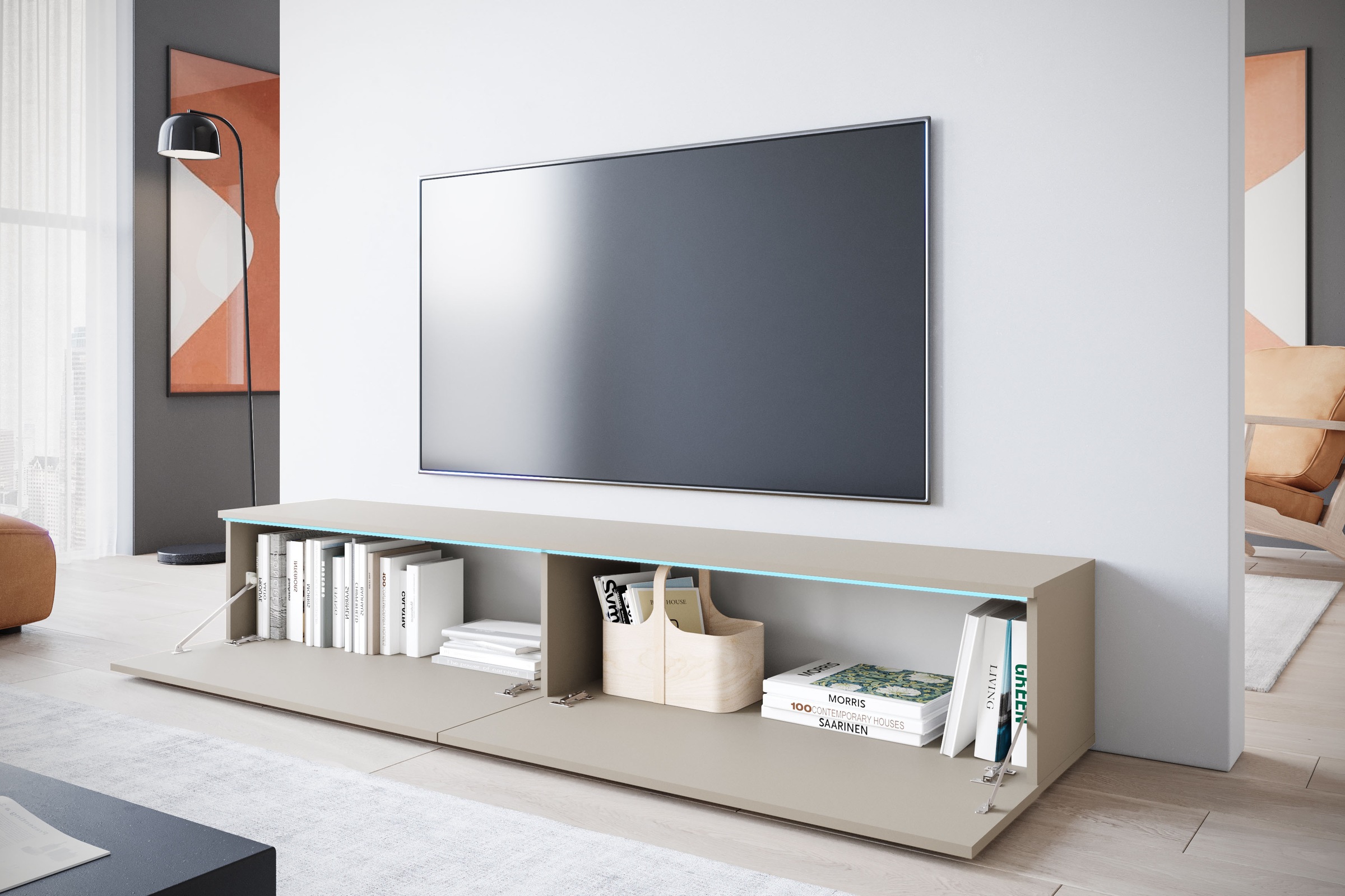 INOSIGN Lowboard »LOWBOARD VERA, wahlweise mit oder ohne Beleuchtung«, Modernes griffloses TV-Board, 180 cm TV-Schrank, stehend und hängend