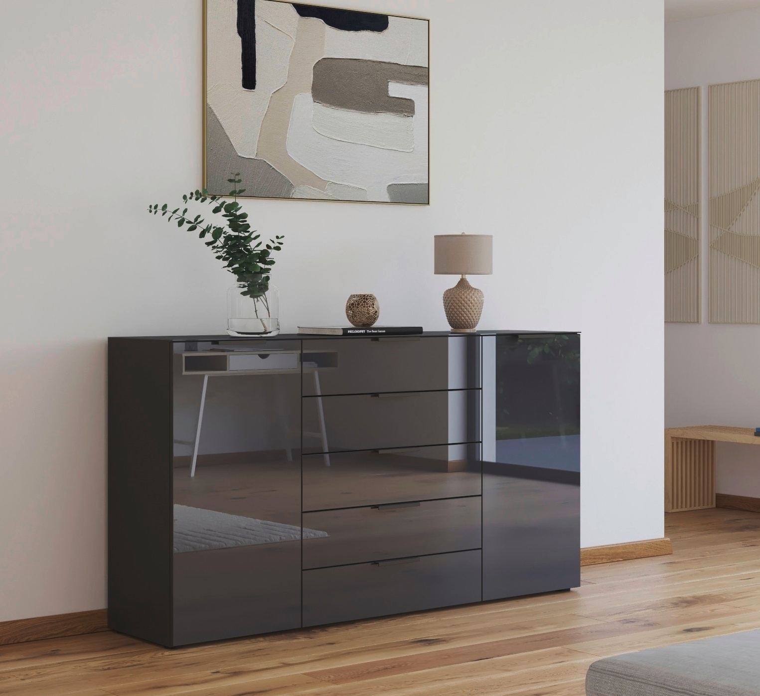 rauch Schubkastenkommode »Kommode Türkommode Sideboard Kombikommode FLIPP mit Glasfront«, (Breite 160/180 cm mit 4 Einlegeböden), 2-türig, 5 Schubladen, Soft-Close, Oberboden und Front Glas, 2 Breiten
