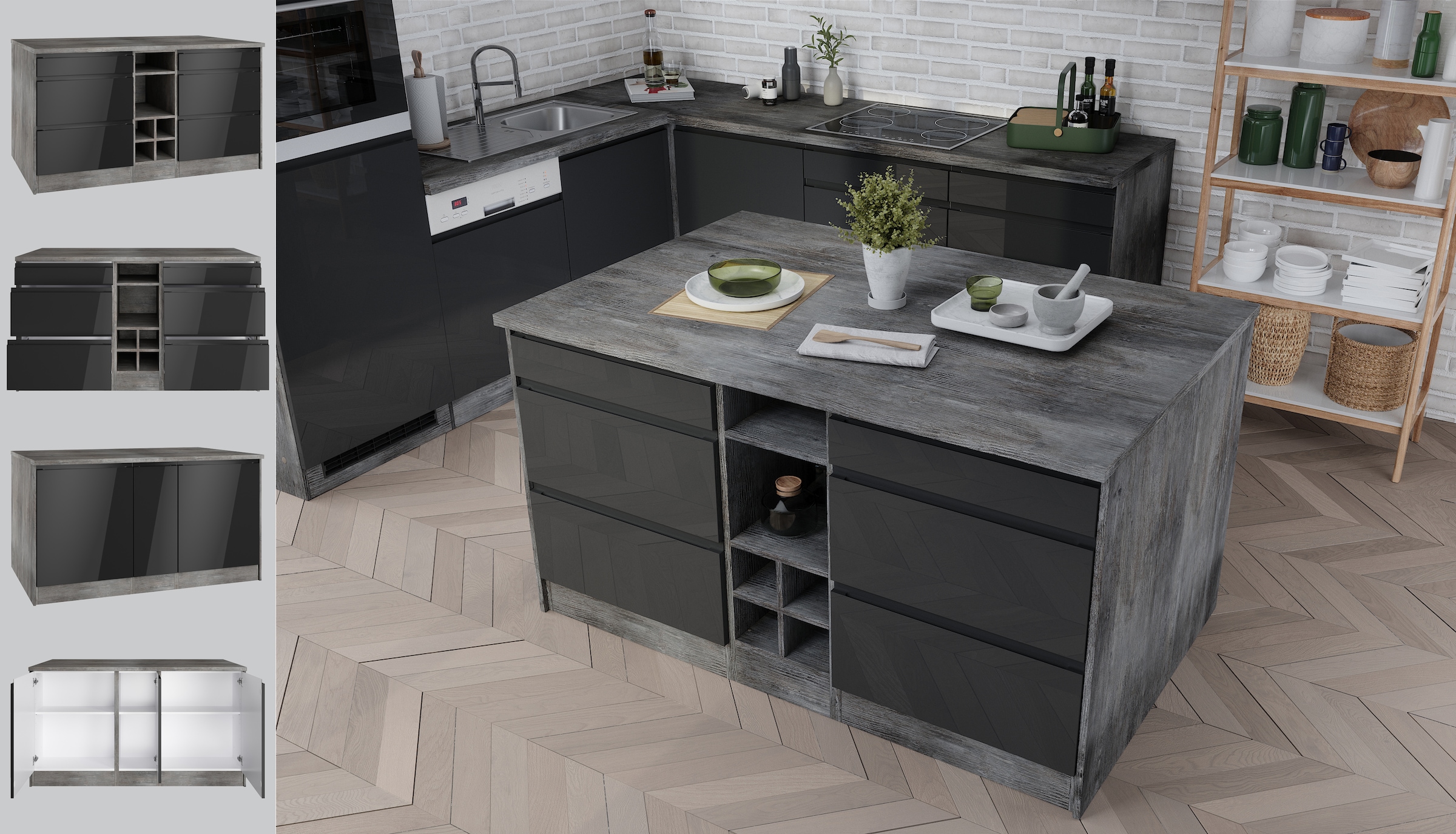 HELD MÖBEL Kücheninsel »Virginia«, Breite 153 cm, MDF-Fronten, Flaschenregal