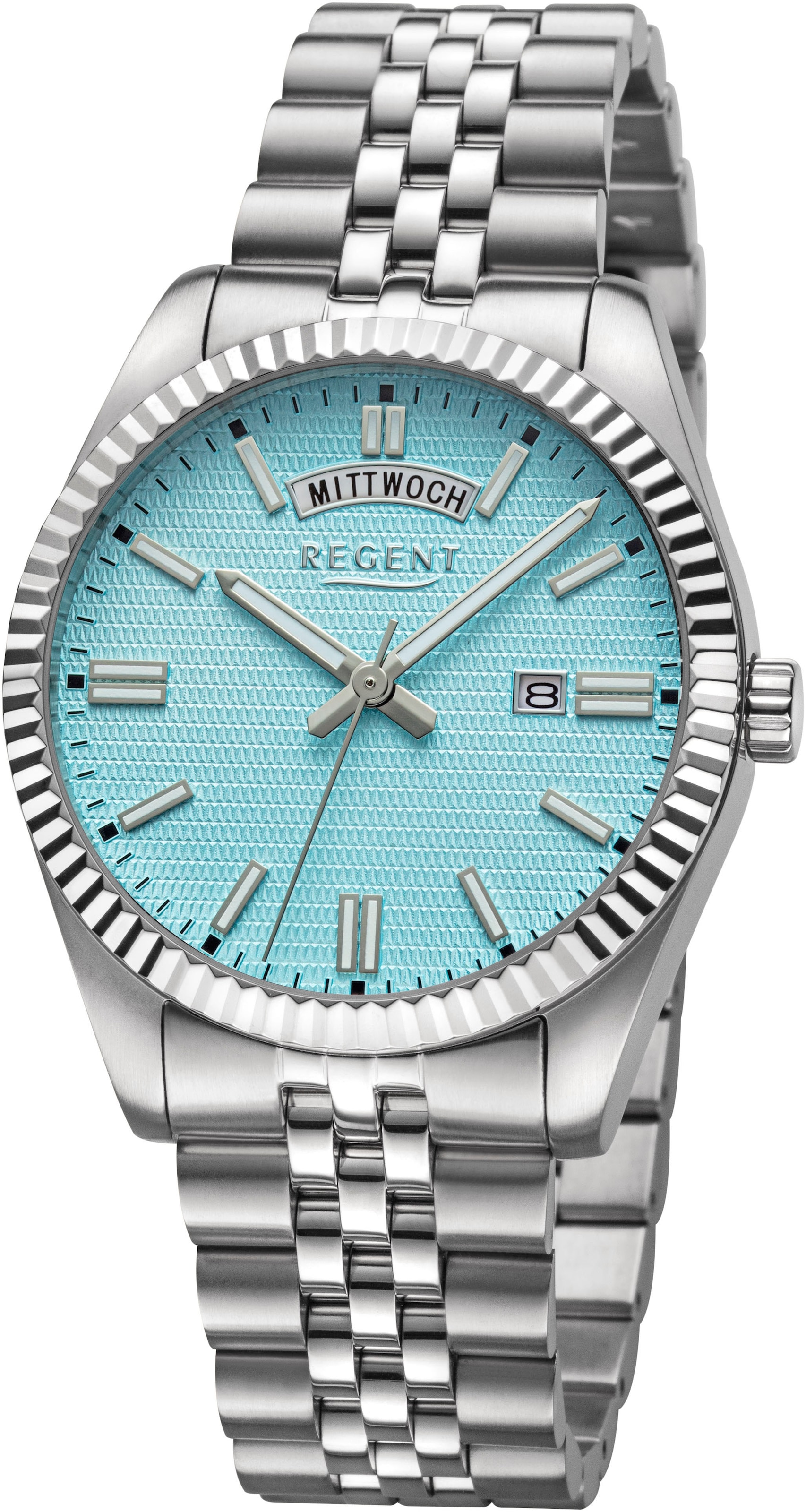 Regent Quarzuhr Armbanduhr, Herrenuhr, Edelstahlarmband, analog, Tag, Wochentag