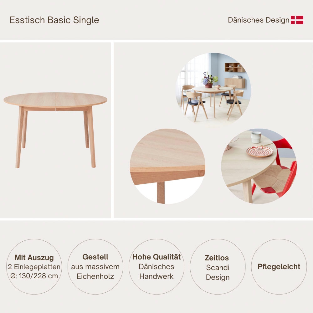 Hammel Furniture Esstisch »Basic Single, rund/oval, ausziehbar Ø130–228 cm, mit 2 Einlegeplatten« Melamin/Massivholz – ideal für Familien, langlebig, Scandi Design
