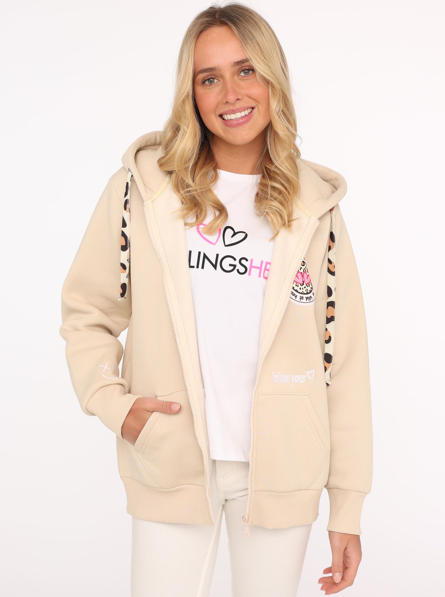 Zwillingsherz Kapuzensweatjacke Leo-Details, Langarm, Reißverschluss, Baumwollmischung