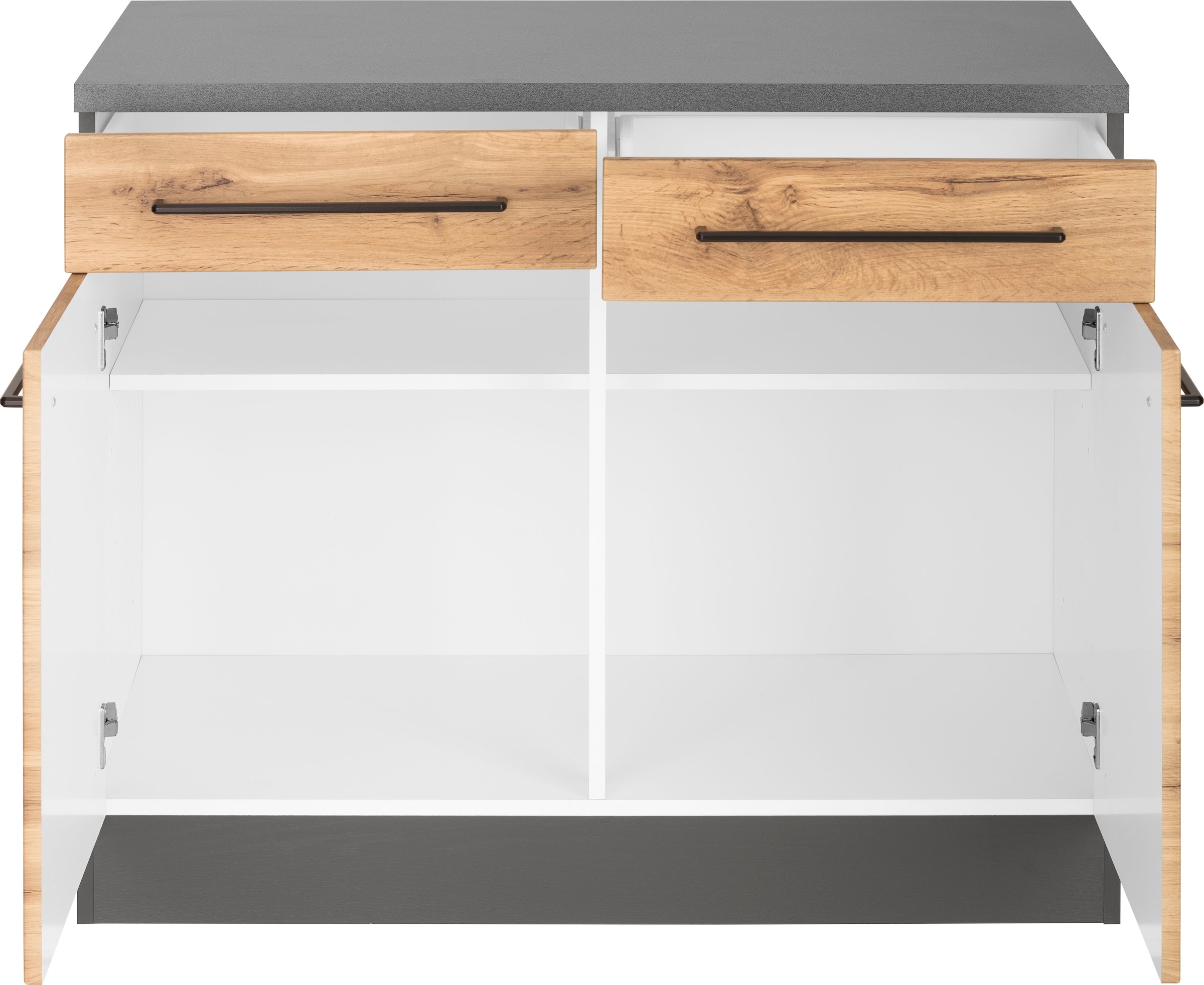 KOCHSTATION Unterschrank »KS-Tulsa«, 100 cm breit, 2 Schubkästen, 2 Türen, schwarzer Metallgriff, MDF Front