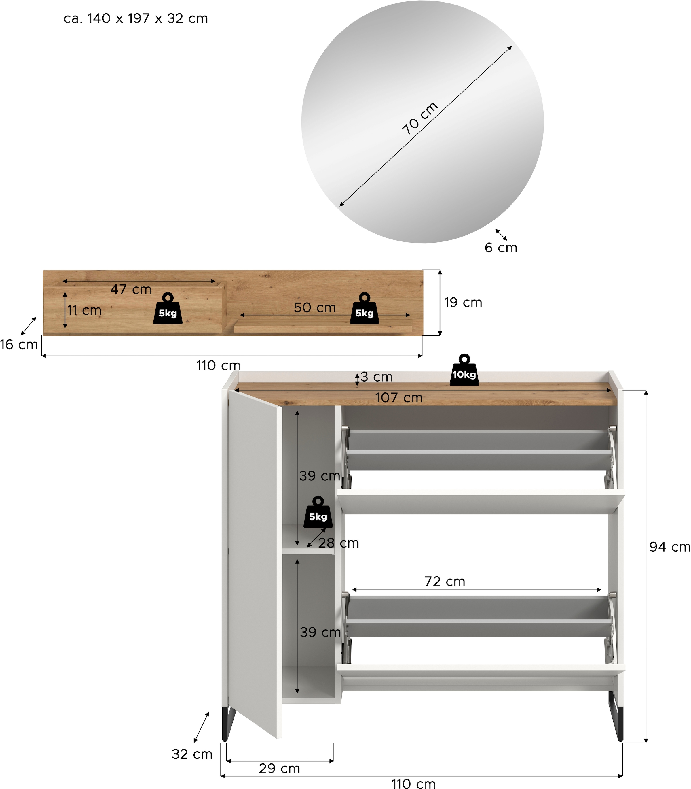 INOSIGN Garderoben-Set »EVRID, 3-teilig, Breite 140 cm, individuell stellbar & erweiterbar« best. aus: Kommode, Wandboard & Spiegel, 3 Stk. tlg.