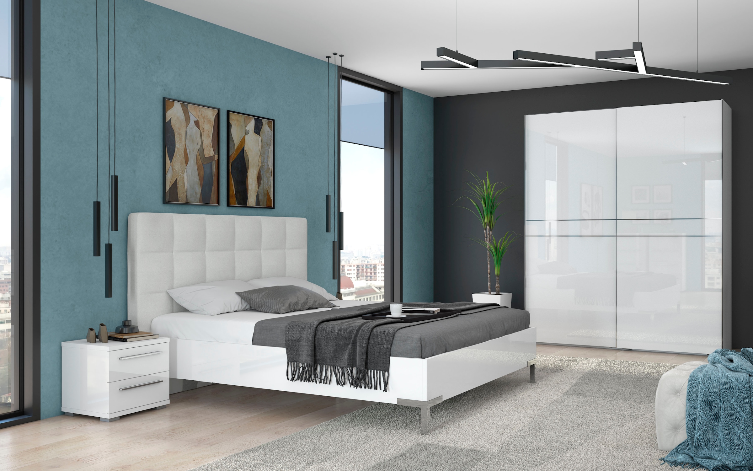 Places of Style Schwebetürenschrank »Piano, FSC-zertifiziert, mit Einlegeböden und Kleiderstangen«, (in 3 Breiten, 224cm hoch), UV lackiert, hochglänzend, mit Soft-Close Funktion, in beige oder weiß