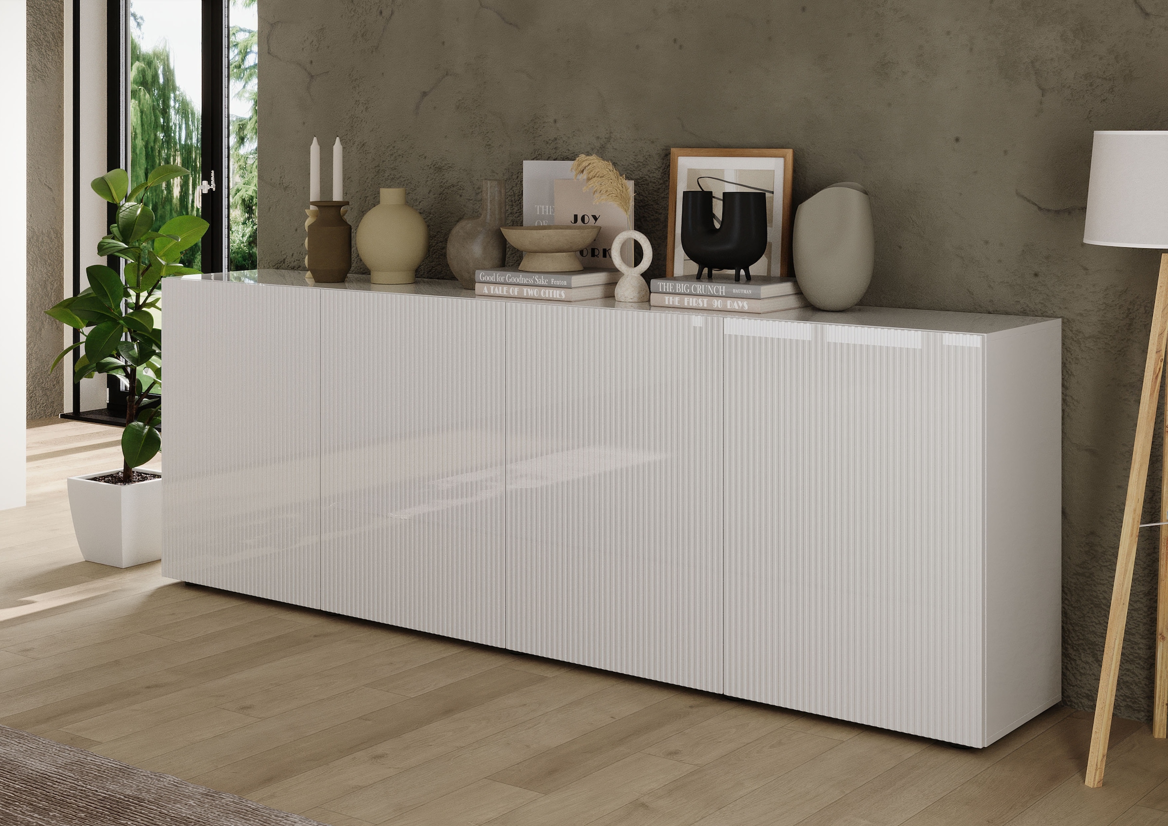 INOSIGN Sideboard »Rio Breite 240 cm, Kommode mit 4 Türen, Anrichte,«, geriffelte Front, modern u. elegant, viel Stauraum