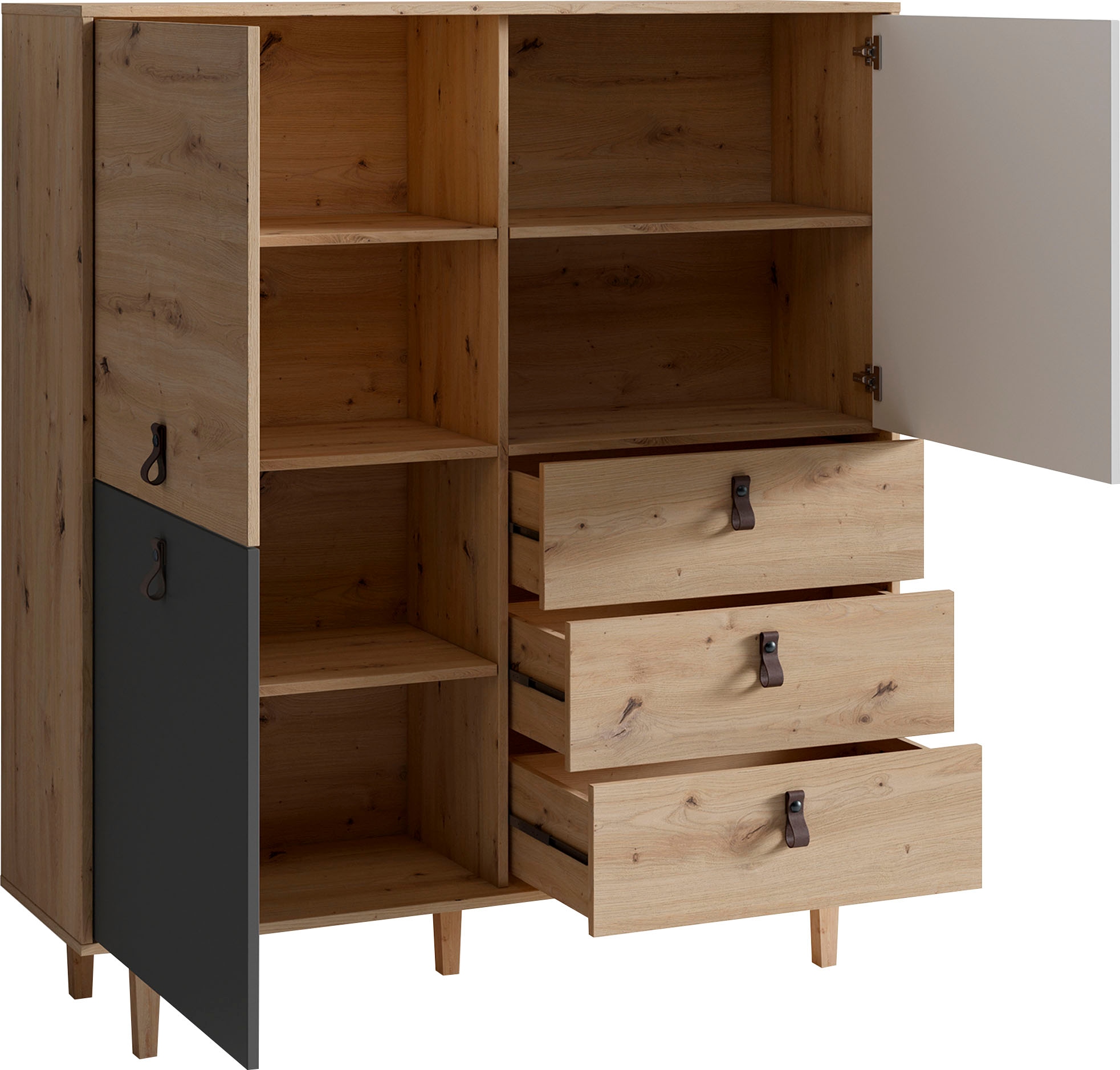 INOSIGN Highboard »Bill, mit drei Schubkästen und drei Türen,«, 120cm Breit mit verstellbaren Einlegeböden, massive Holzbeine