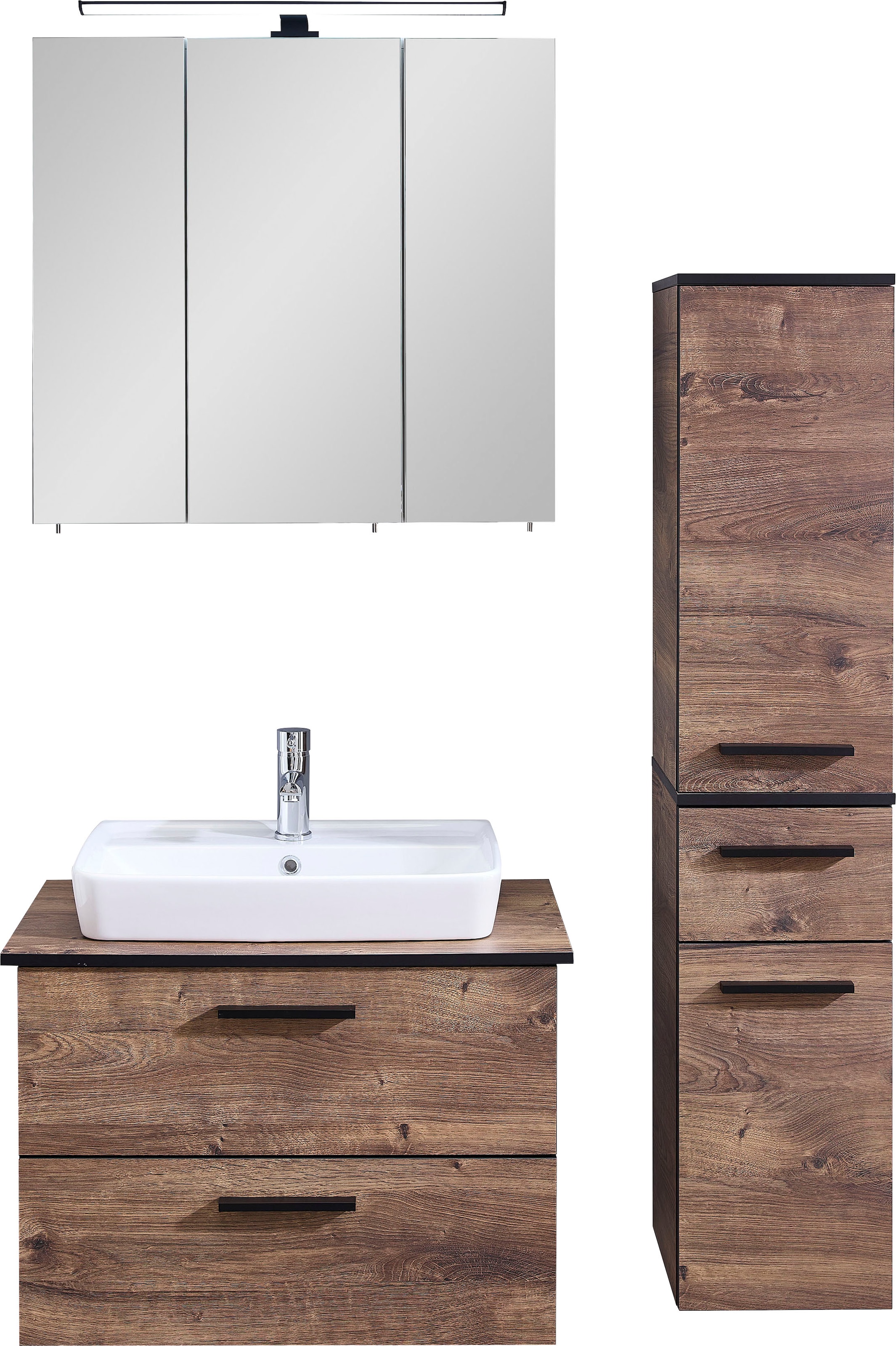 Saphir Badmöbel-Set »Quickset 374 3-teilig, Keramik-Aufsatzbecken und LED-Spiegelschrank«, (6 St.), Midischrank, inkl. Türdämpfer, 5 Türen, 3 Schubladen, Bad-Set