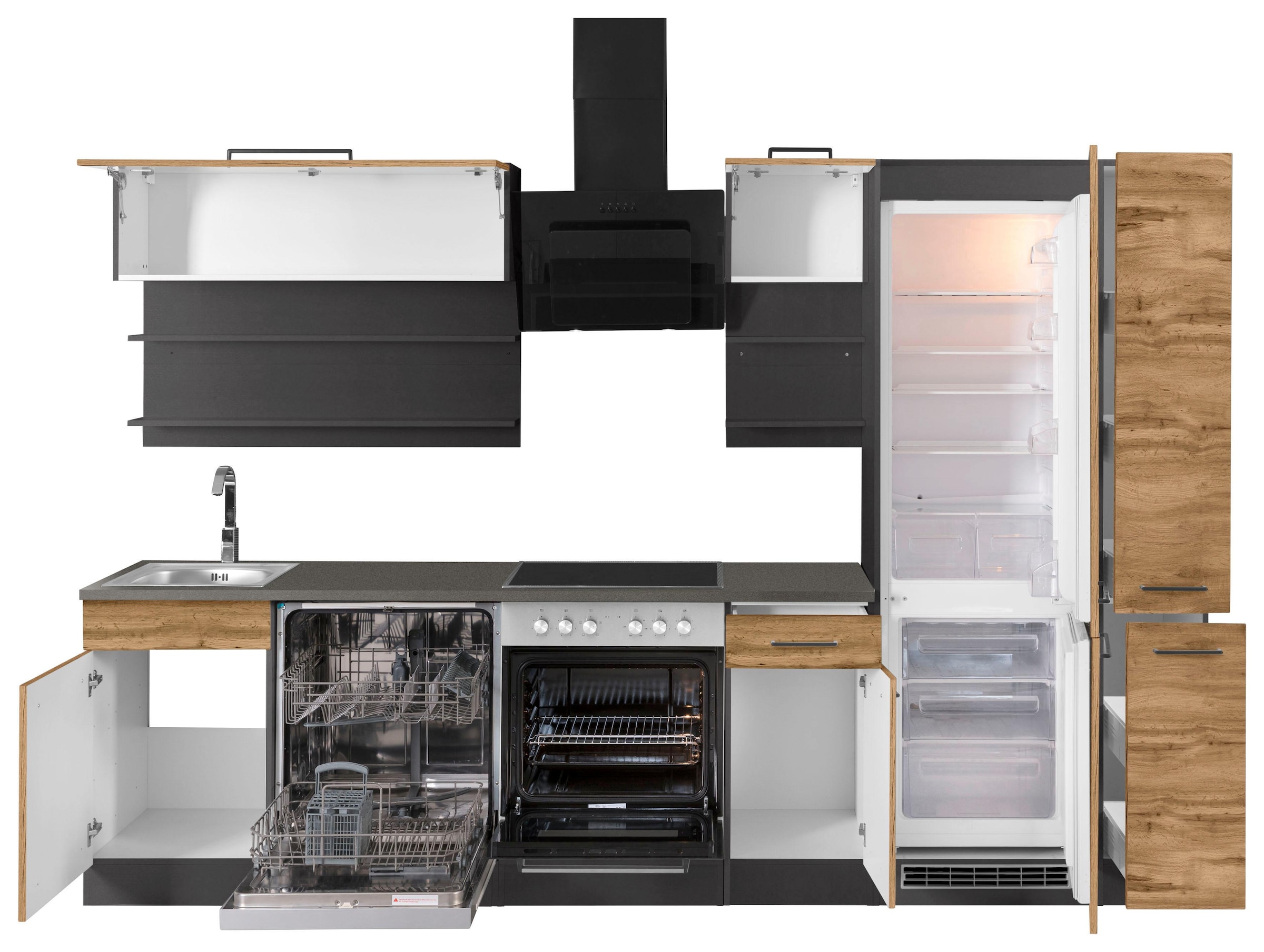 KOCHSTATION Küchenzeile »KS-Tulsa«, mit E-Geräten, Breite 300 cm, schwarze Metallgriffe, MDF Fronten