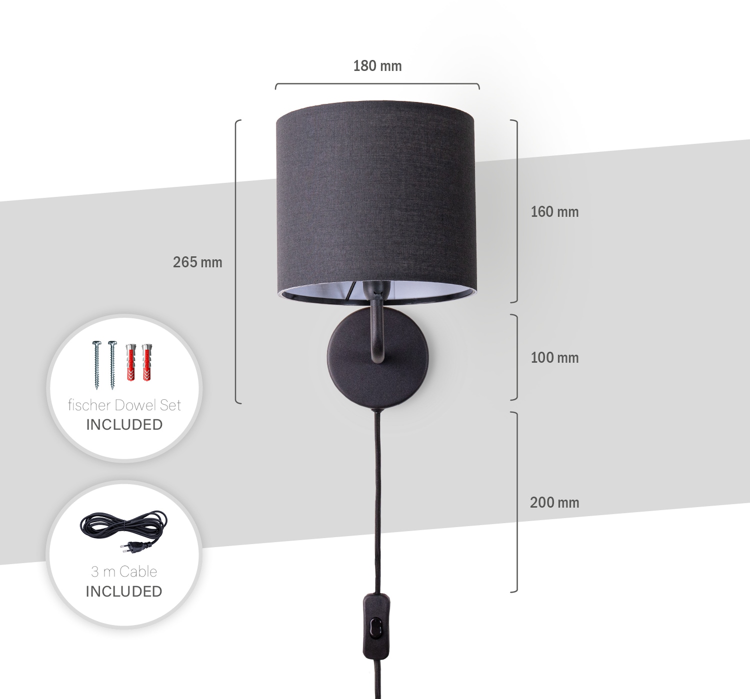 Paco Home Wandleuchte »Uni Color«, 1 flammig, Leuchtmittel E14 | ohne Leuchtmittel, Wandlampe Schalter Flur Wohnzimmer Ø…18cm Unifarben Deko Kabel 3m E14