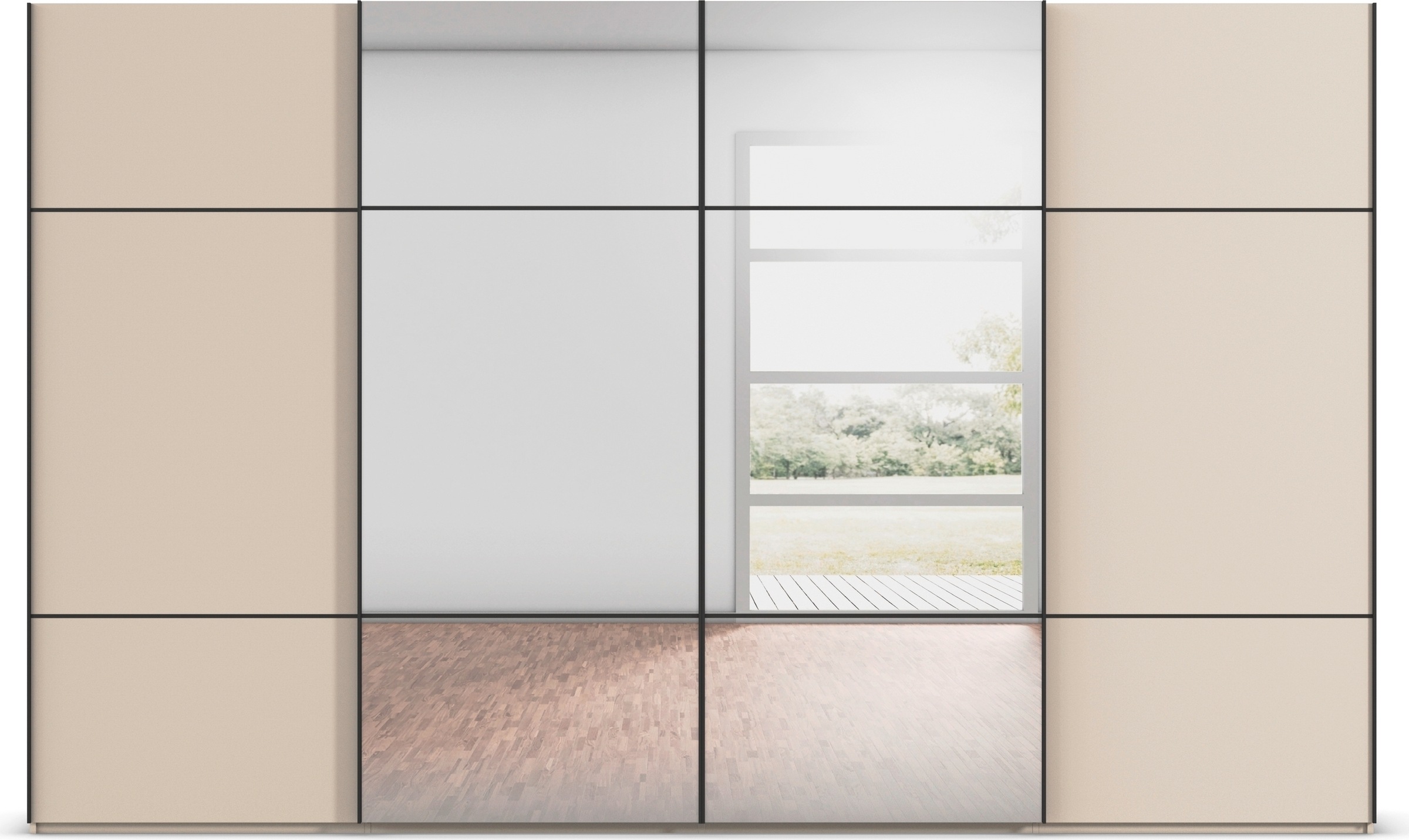 rauch Schwebetürenschrank »Kleiderschrank Schrank Garderobe Schlafzimmerschrank SCALE-TRIO«, edle dreigeteilte Front mit 2 Zierleisten und Spiegel MADE IN GERMANY