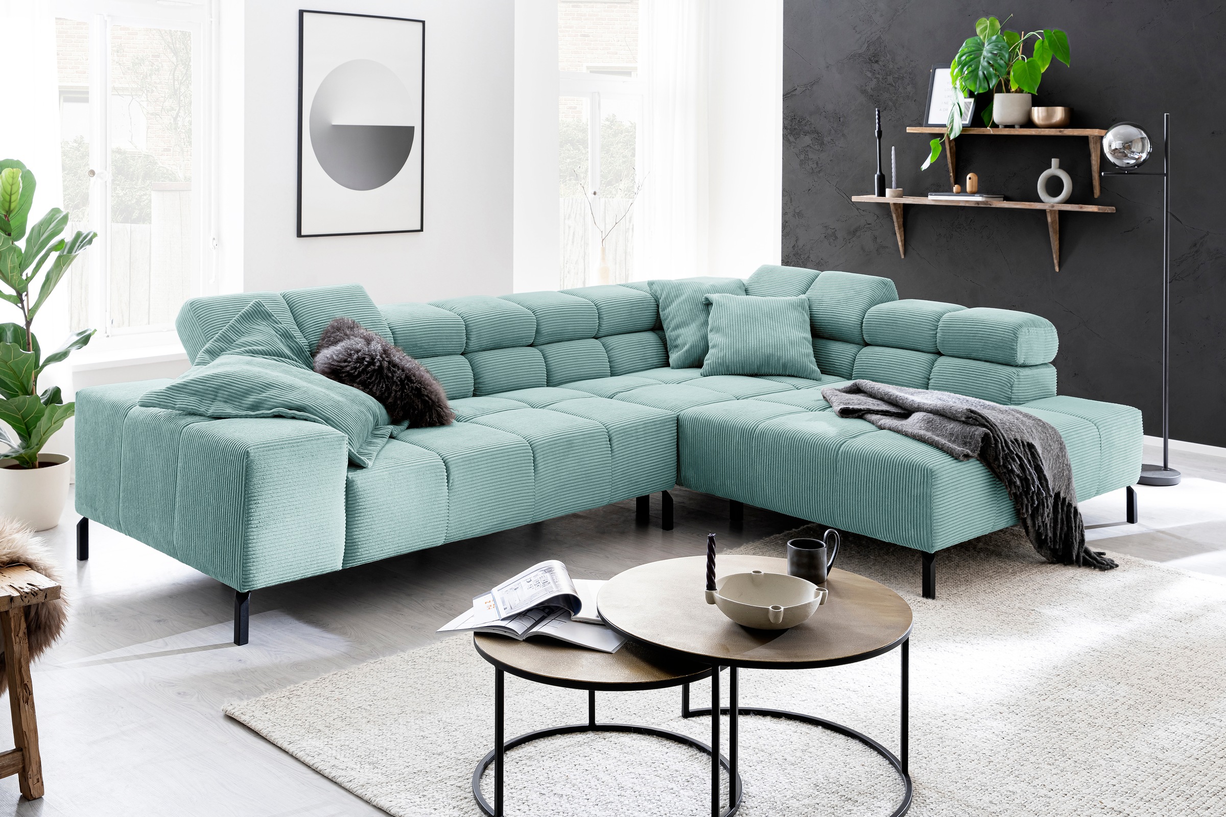 INOSIGN Ecksofa »Ancona New, wahlweise motorische Sitztiefenverstellung, auch in Cord«, feine Steppung, mit Kopfteilverstellung, 3 Zierkissen, L-Form