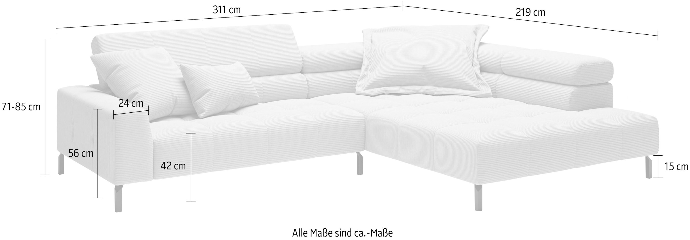 Places of Style Ecksofa »Claya, L-Form, incl. Kopfteilverstellung, Breite 311 cm«, wahlweise elektrischer Sitzvorzug