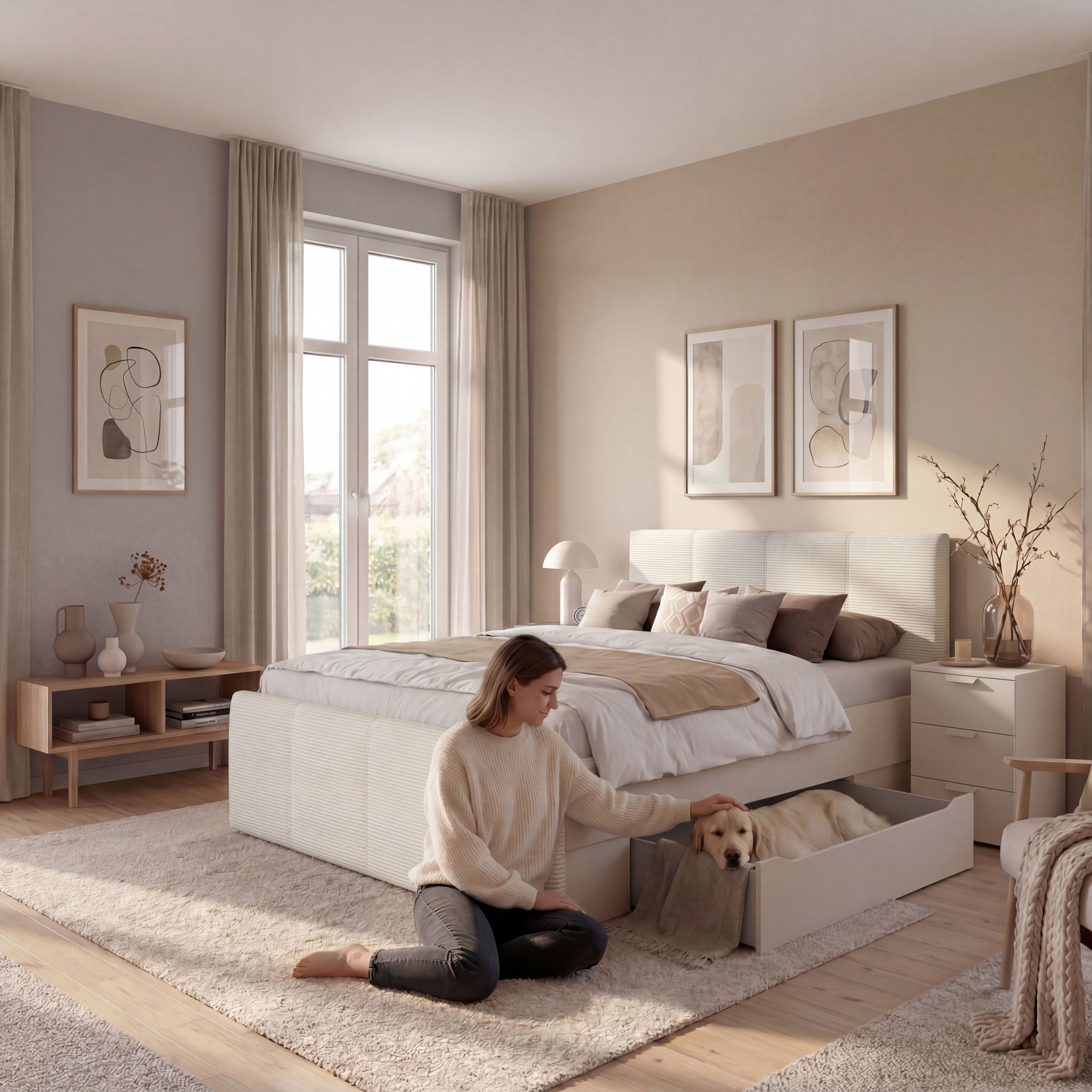 OTTO home Bett »Doppelbett Polsterbett Stauraumbett AGORDO« 180x200 cm, Kopf- und Fußteil aus Cordstoff oder Webstoff,  praktische Bettschubkästen für zusätzlichen Stauraum MADE IN GERMANY